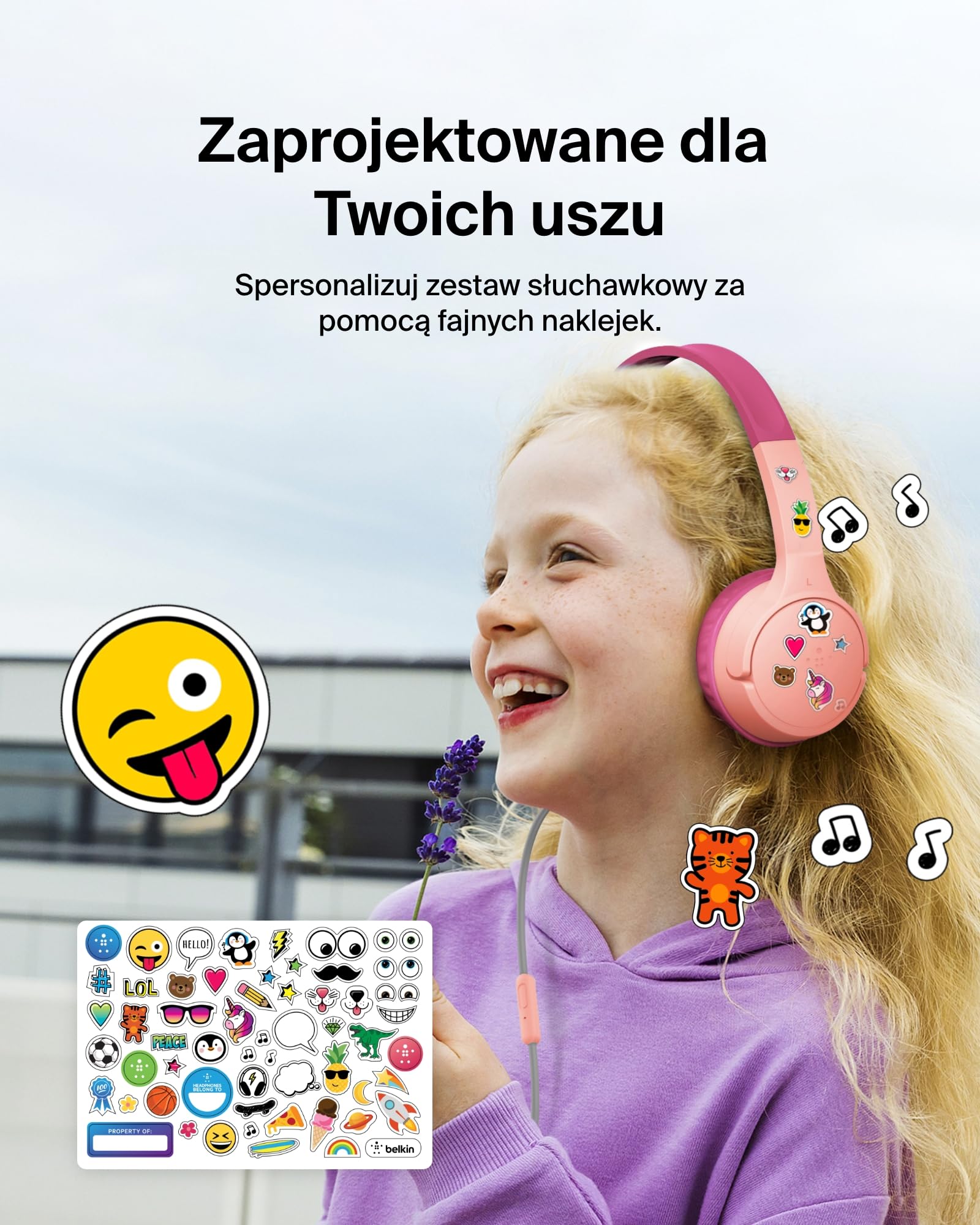 Belkin SoundForm Mini Słuchawki Dzieci Przewodowe, przejściówka USB-C do 3,5 mm, mikrofon, naklejki, maks. głośność 85 dB – nauka online i podróże, do urządzeń iPhone, iPad, Galaxy – Różowe