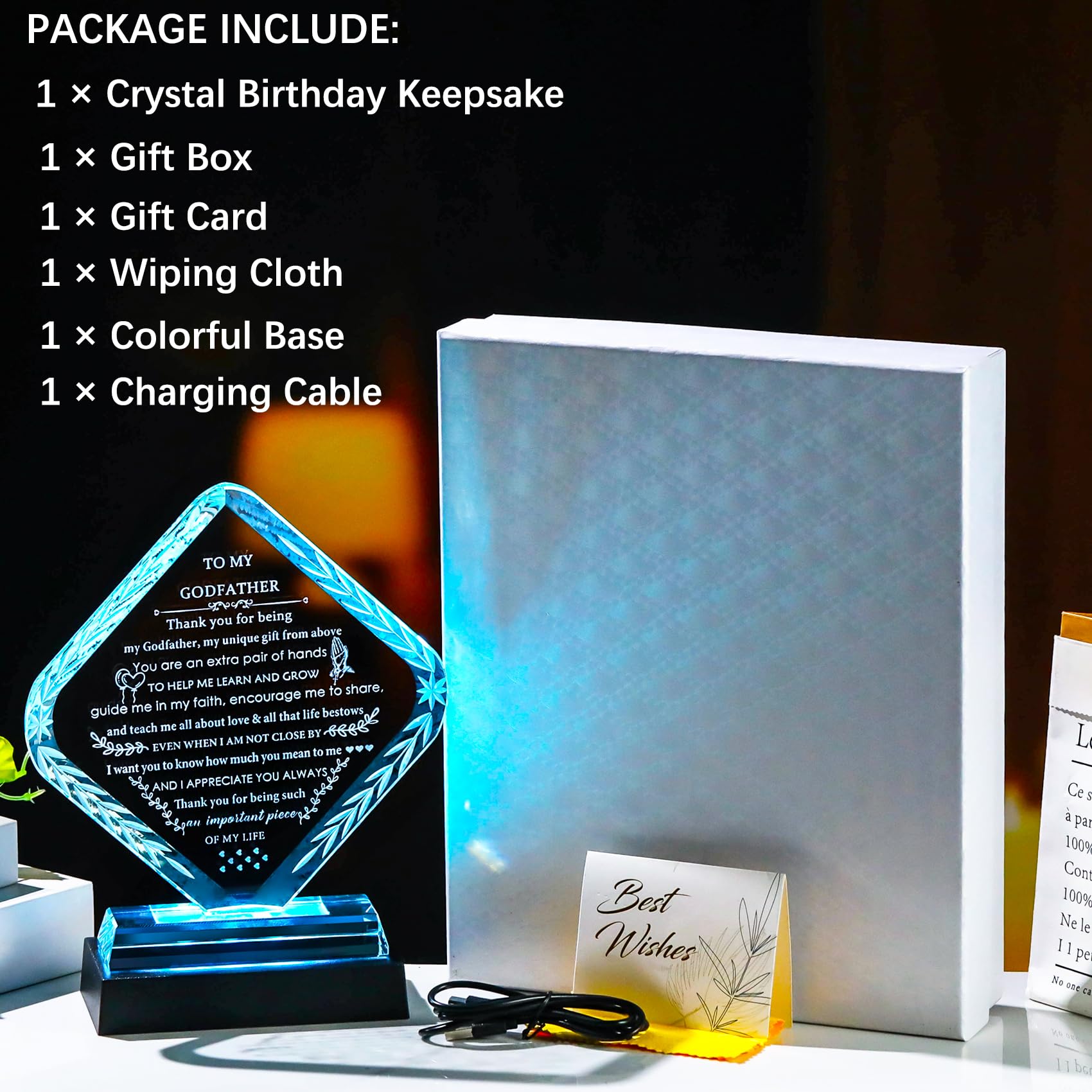 Arikyrist Geschenk für Patenkind mit buntem LED-Sockel, Kristall-Geschenk für Patentochter, Lasergravur an den Vatertag oder Weihnachten
