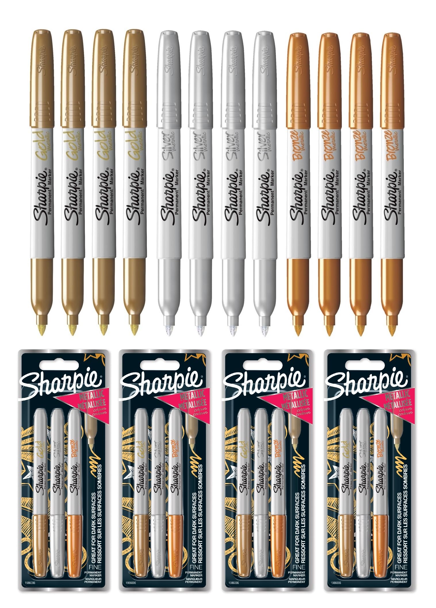 Metallic Permanent Marker Pens - Fine Point - Pack of 12 - Assorted Metallic Colours - Gold, Silver, Bronze