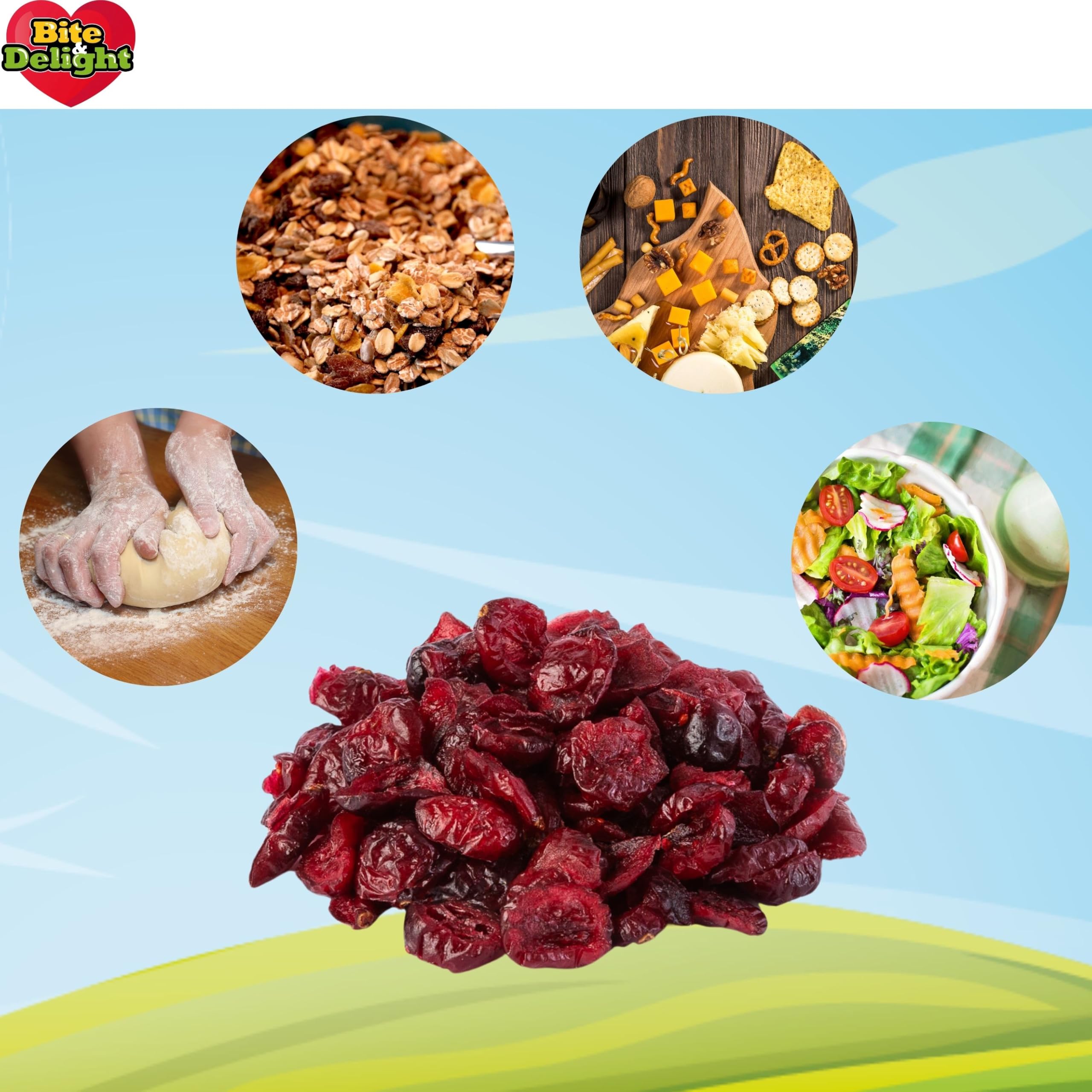 Bite & Delight 2kg Arándanos Secos - Frutas Secas Frescas, Bajo en Azúcar, Ácidas, Snack Saludable