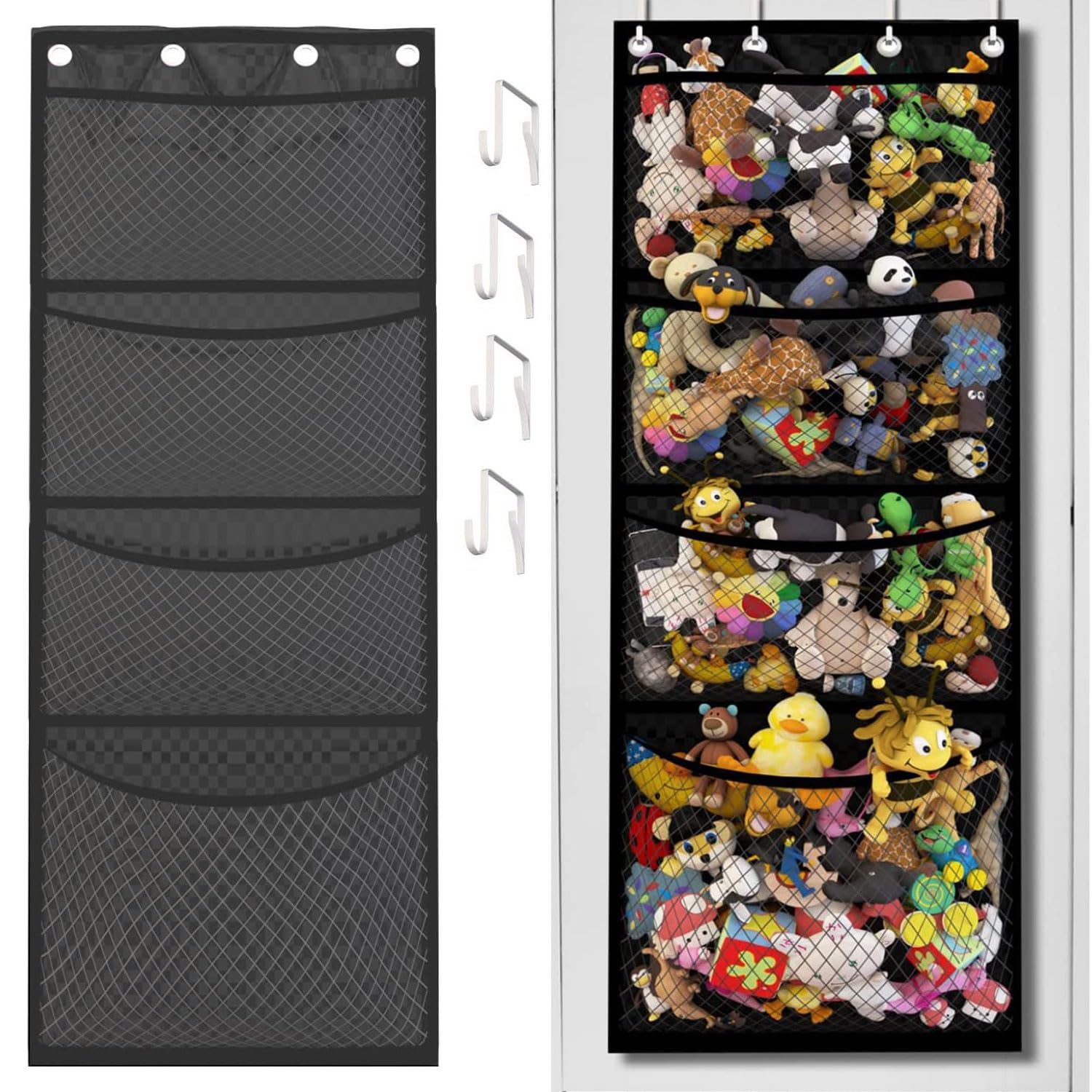 Gansdnek Cuddly Toy Storage, Stuffed Animal Organiser, Over The Door Organizer, Hanging Storage Box, Stuffed Toy Storage with 4 Large Pockets for Children's Room, Bathroom, Bedroom