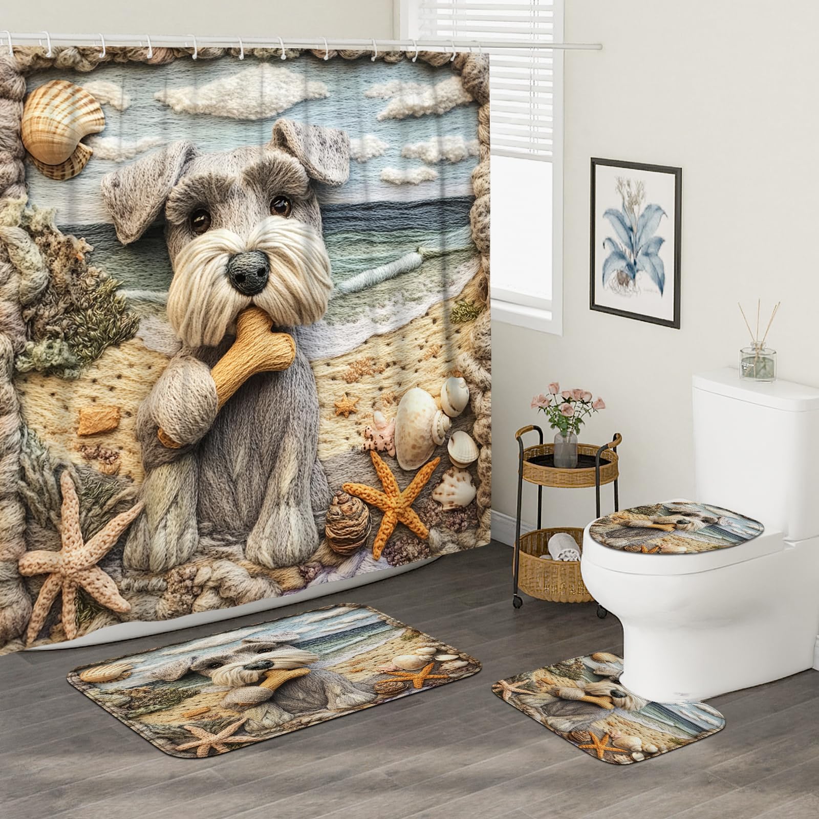 4PCS Funny Schnauzer Dog Bathroom Accessory Sets with Non-Slip Rug, U Shape and Toilet Lid Cover Mat, Coastal Beach Seashell Bathroom Fabric Decor-72''x72''