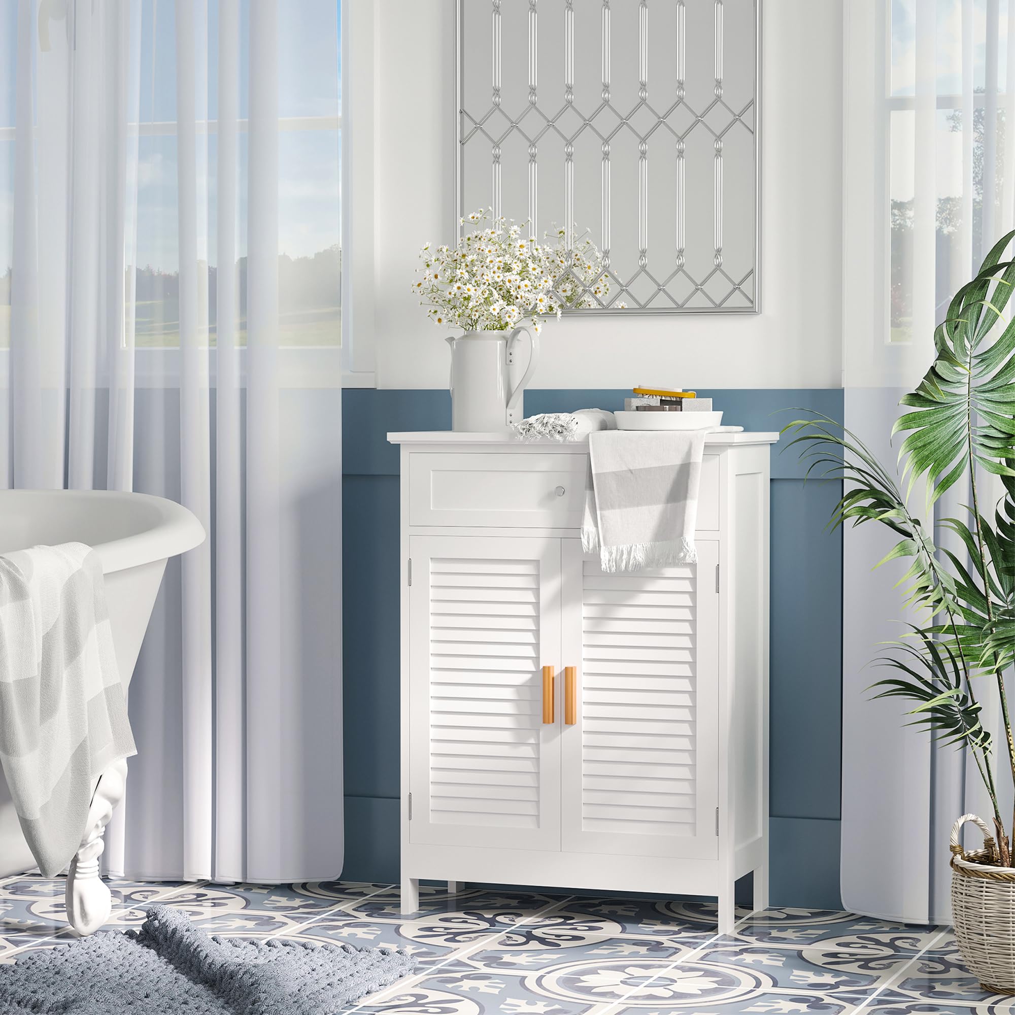 kleankin Bathroom Floor Cabinet, Freestanding Storage Cabinet with Double Doors and Drawer, White