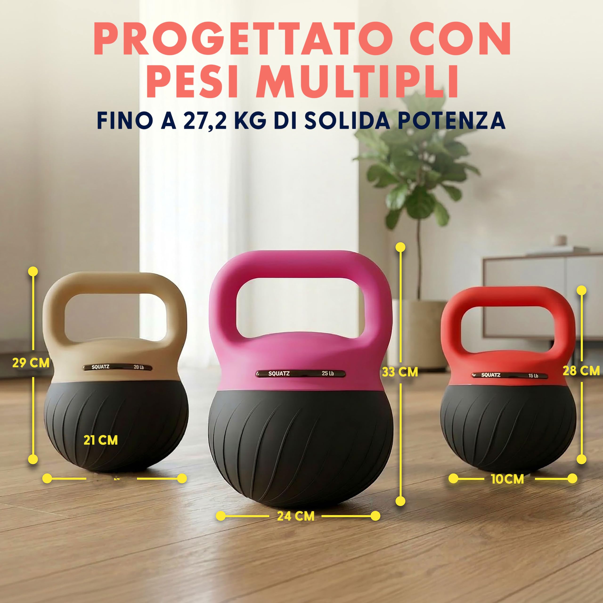 Squatz Set Kettlebell Morbidi Base Antiurto, Impugnatura Larga Antiscivolo, Pesi per Allenamento a Casa e Palestra, Corpo Completo