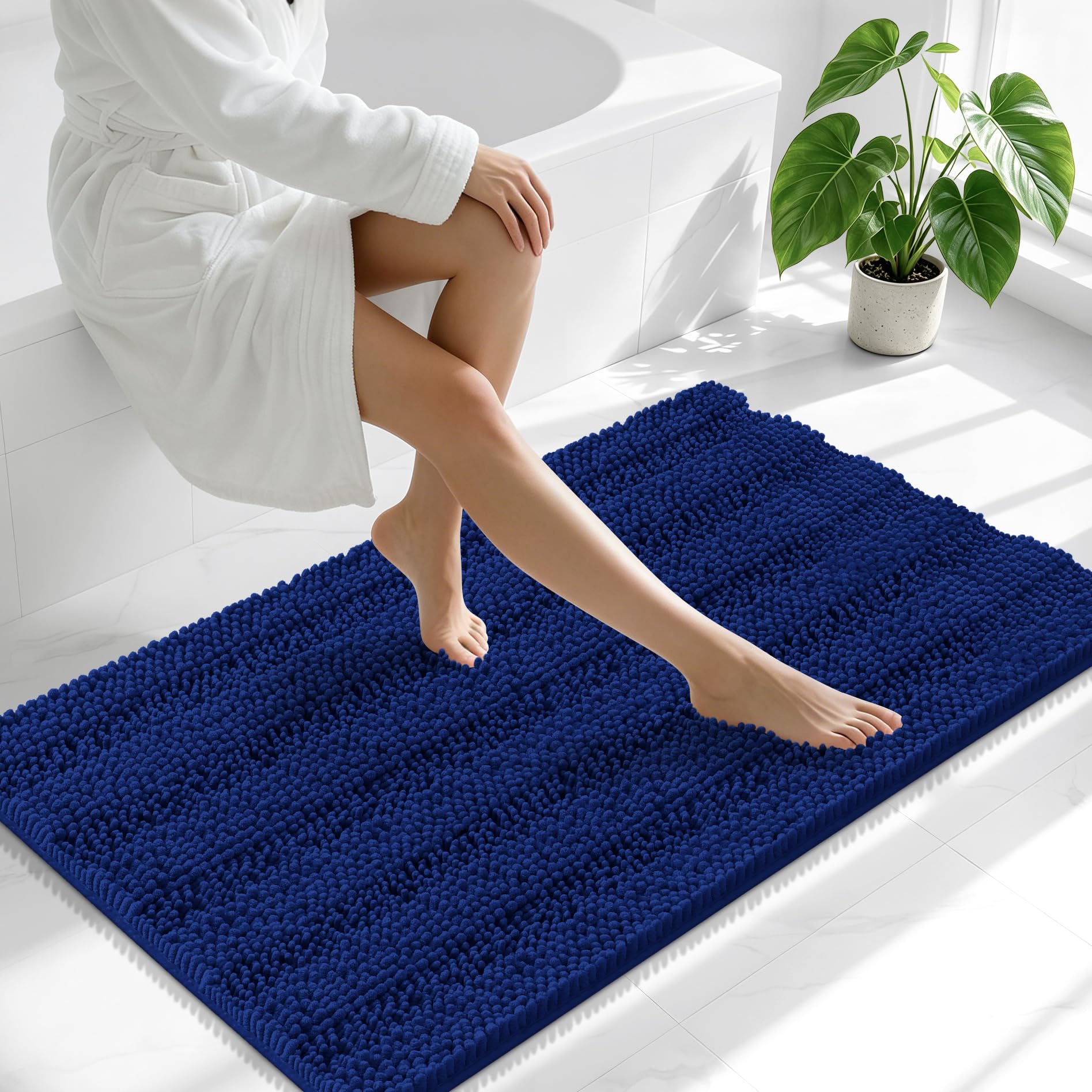 Smiry Thick Chenille Bathroom Runner Rugs 44x24, Absorbent Bath Mat, Navy