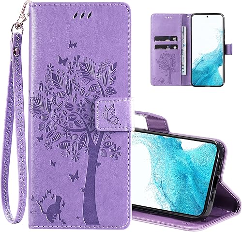 Funda para Samsung Galaxy S23 Plus, funda tipo cartera, piel sintética, diseño de árbol y gato, con correa de muñeca en relieve, ranuras para Funda para Samsung Galaxy S23 Plus, funda tipo cartera, piel sintética, diseño de árbol y gato, con correa de muñeca en relieve, ranuras para