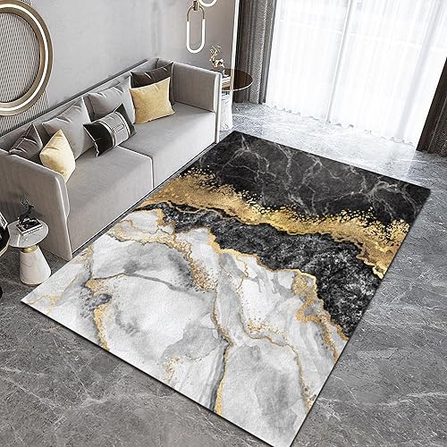 Miniatura 3 de Nordic - Alfombra artística de lujo para sala de estar, alfombra moderna con textura de mármol negro, dorado y blanco, antideslizante, transpirable,