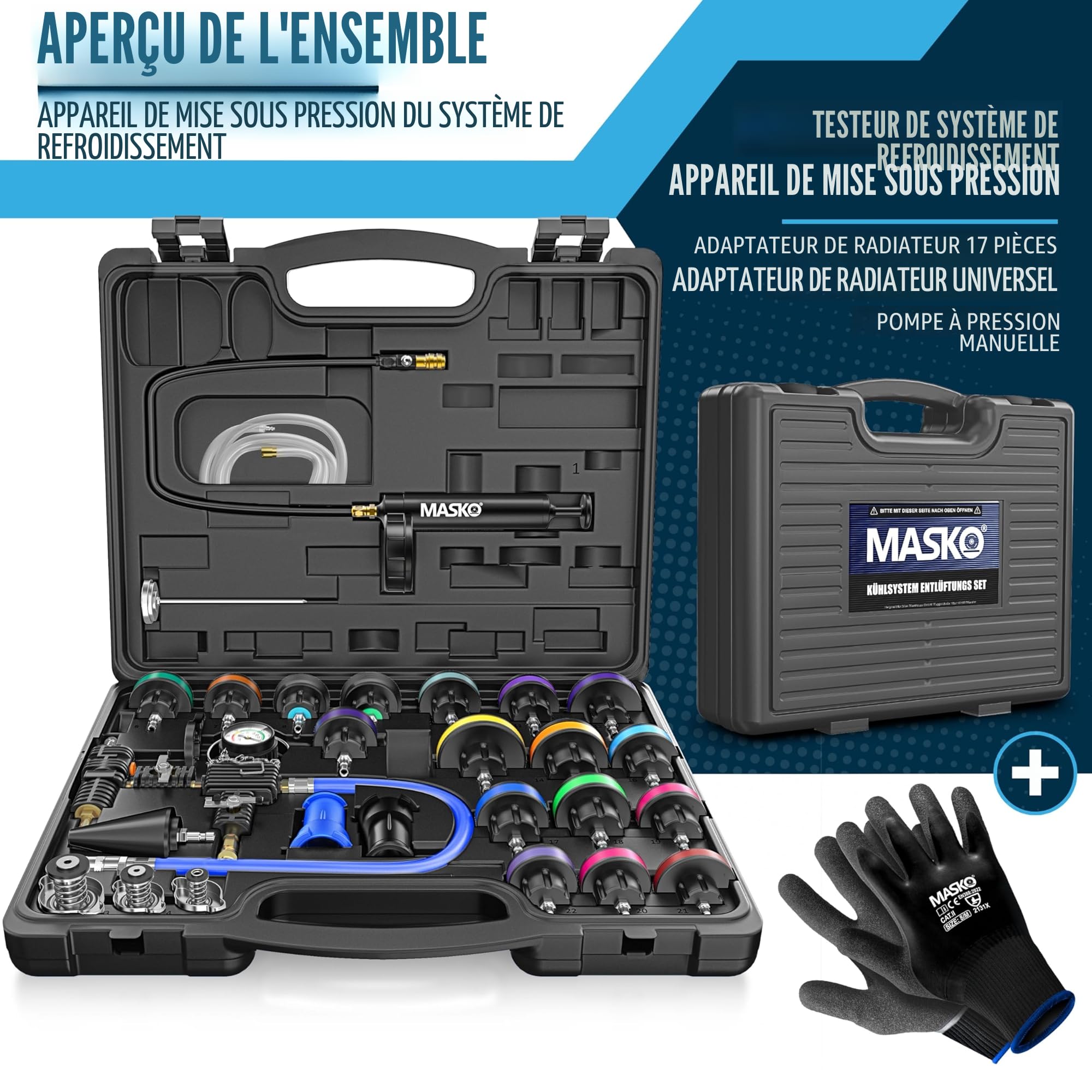 MASKO® Testeur de système de refroidissement & dispositif de poussée | Vérificateur de pression du radiateur Dispositif de dégazage du radiateur 28 pièces incluant adaptateurs de radiateur universels