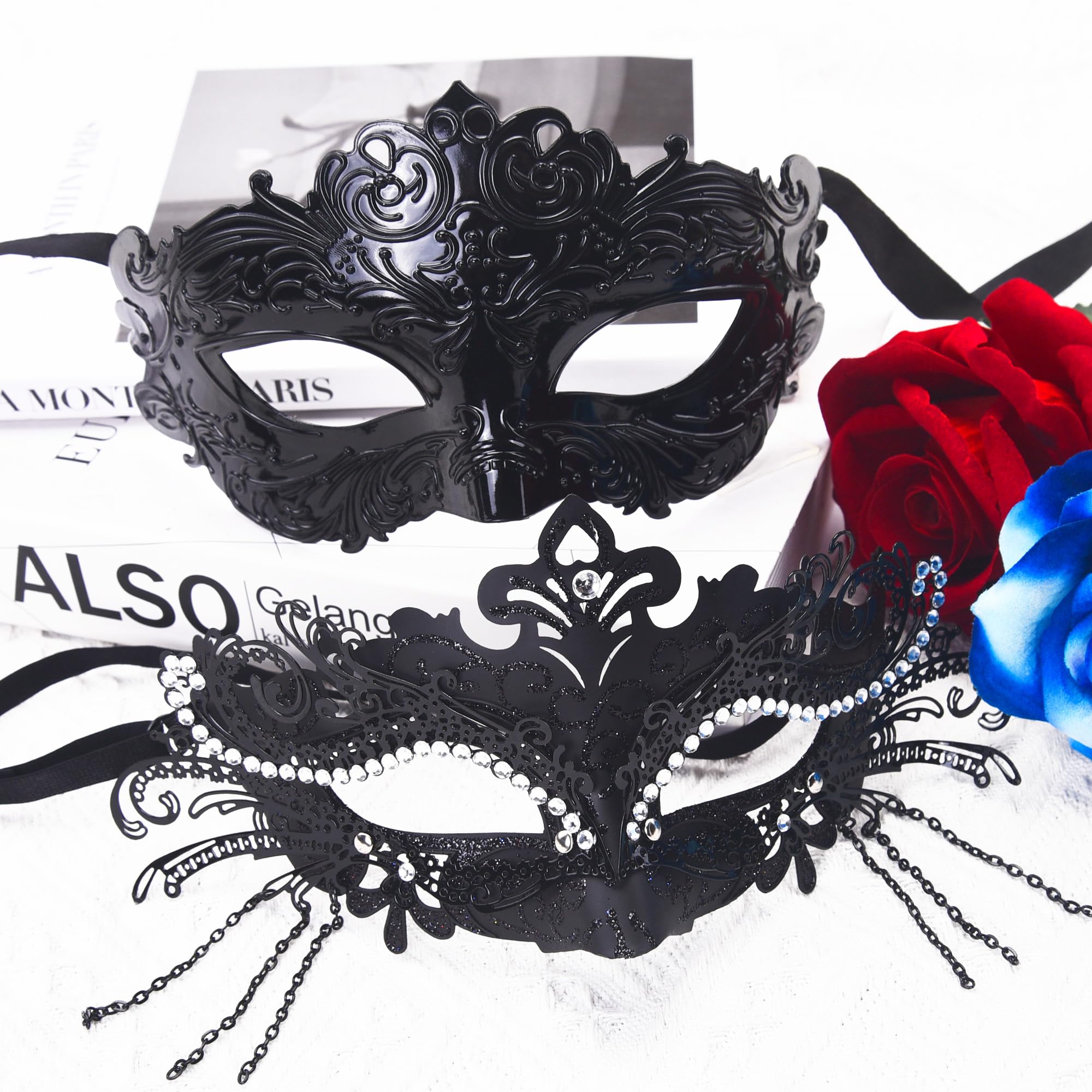 SIQUK Couple Masquerade Masks Metal Venetian Party Mask Halloween Costume Mask Mardi Gras Mask for Couples Women and Men: Swan Black & Blue