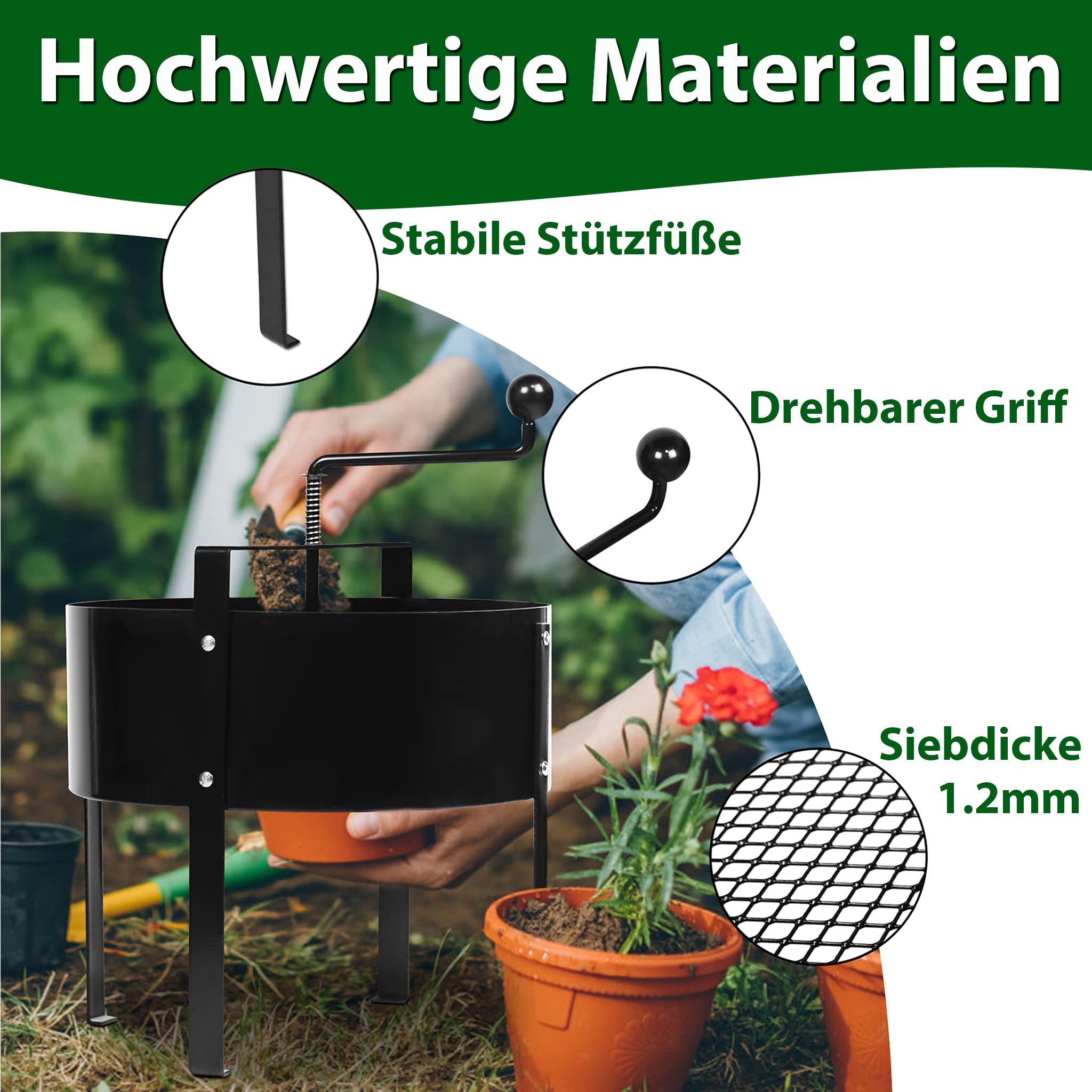 XMTECH Gartensieb Manuell Drehbarer Bodensieb Kompostsieb Sandsieb Kompost Schmutz-Kompost-Sieb Garten Sieb Erdsieb Handkurbelsieb Siebmaschine mit Netz-Siebpfanne und Griff, Schwarz