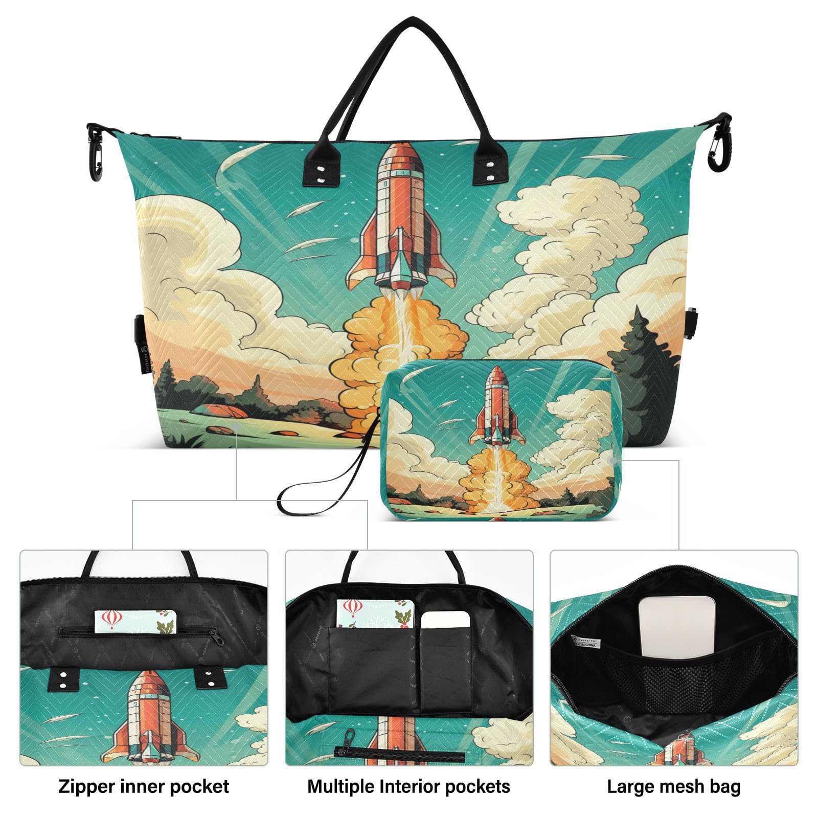 Cartoon Rocket Flying Sports Swim Gym Bag Weekender Duffel Travel Bags Handbag with Makeup Storage Bag for Girls Men