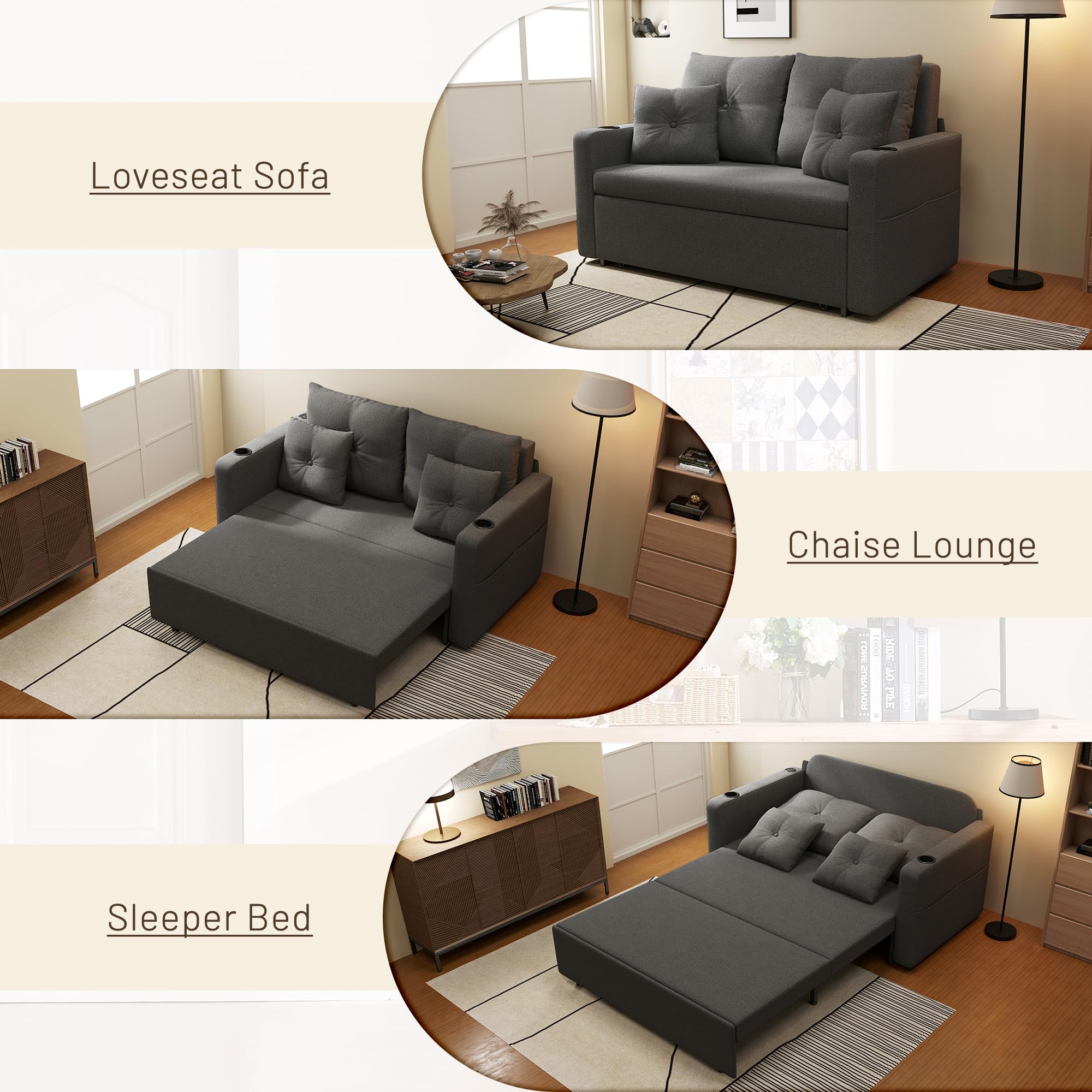 Krcix 3 in 1 Sofa Bed, 56" Pull Out Couch, Convertible Loveseat Sleeper | Sleeper Sofa with Cup Holder, Storage Pocket, USB, Family Couches for Living Room, Bedroom, Apartment, Dark Grey