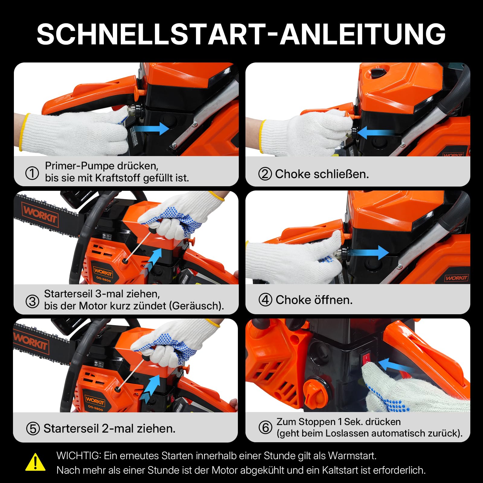WORKIT 54 cm³ Benzin Kettensäge (3,4 PS), Motorsäge Benzin Profi-Set mit 45 cm (18") & 40 cm (16") Schwert, Easy-Start Benzinkettensäge für Forst & Brennholz, 12.000 U/min, inkl. 2 Sägeketten