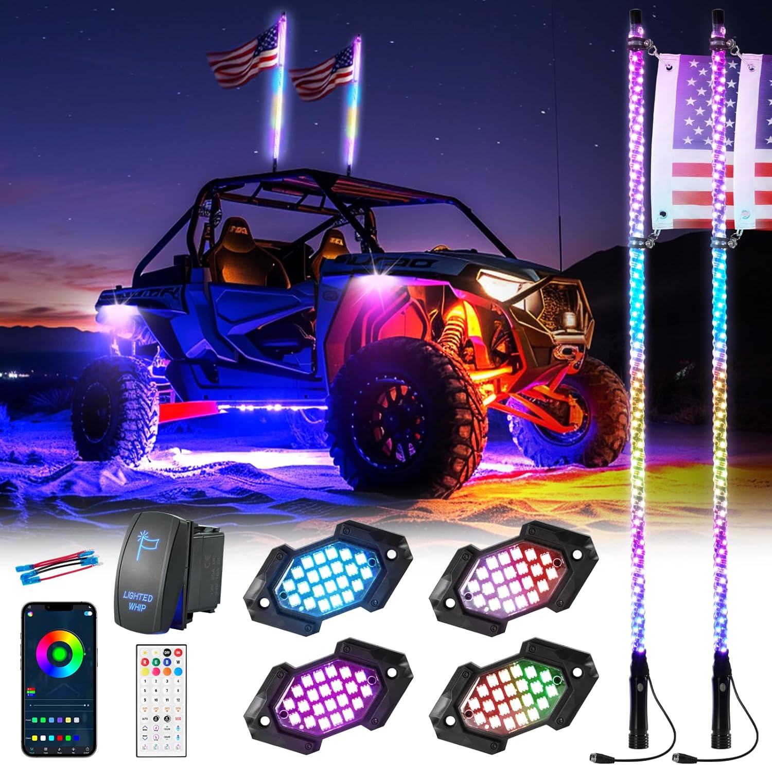 4FT Whip Light and Rock Light Combo Kit with Spring Base, Switch, App Control, Universal for UTV/ATV/RZR/SxS/Can-am, 2 Pack