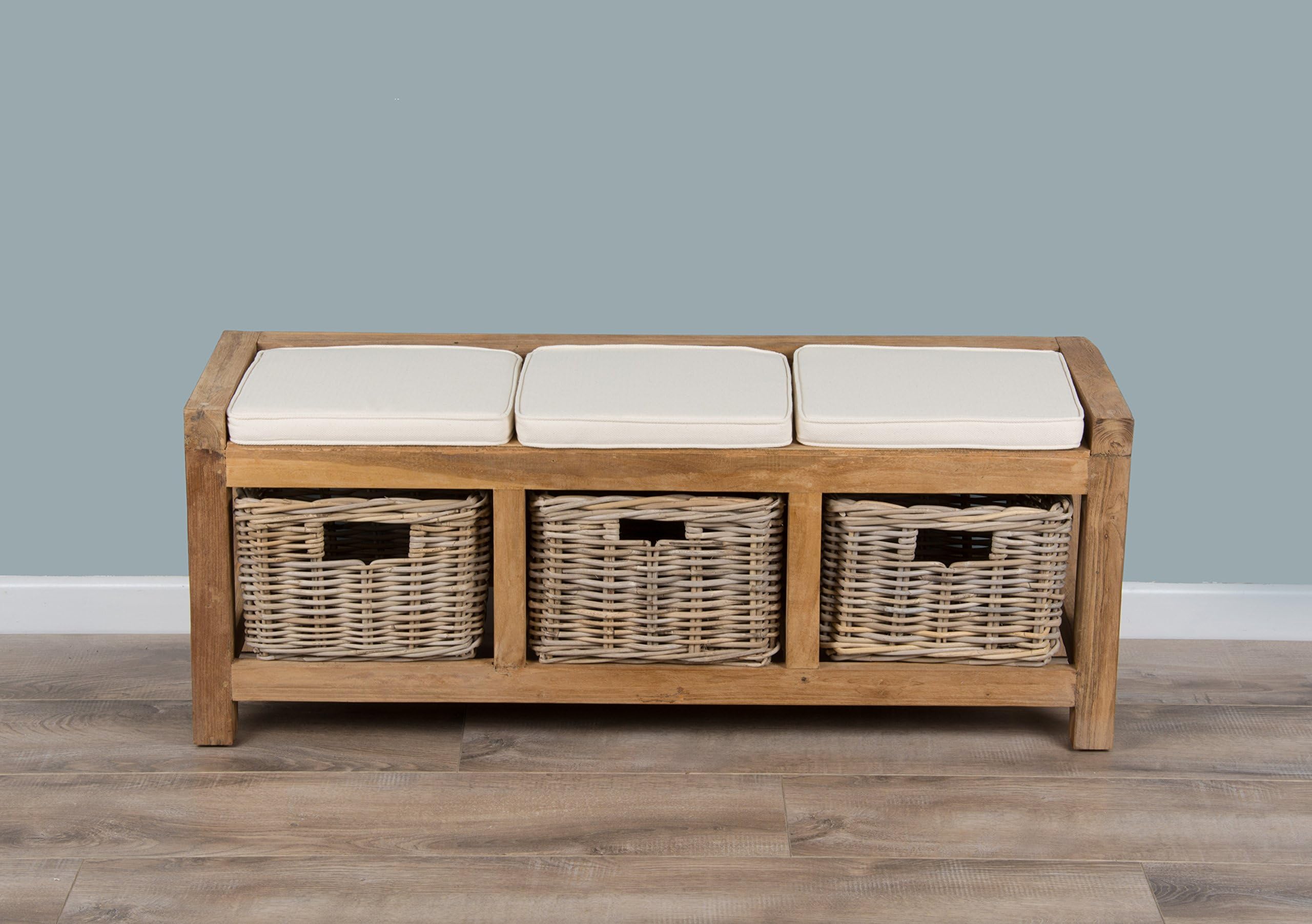 Sustainable Furniture UK Ltd - Reclaimed Teak Hall Seat with 3 Kubu Grey Natural Wicker Drawers and Cushions