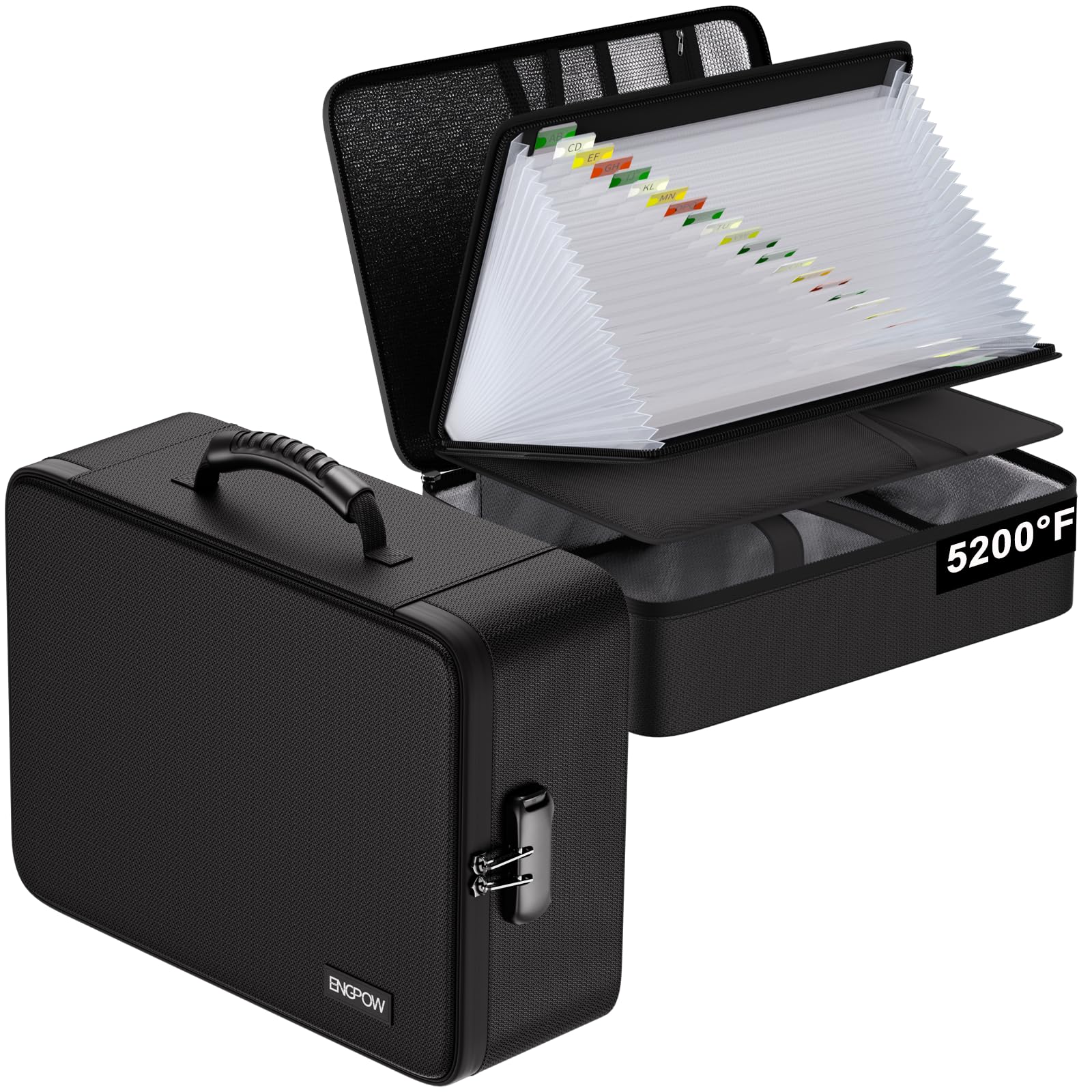 ENGPOW Fireproof Document Box with Lock,5200℉ Soft Case Fireproof Box with 25 Pocket Accordion File Folder,Multi-Layer Fireproof Water Resistant File