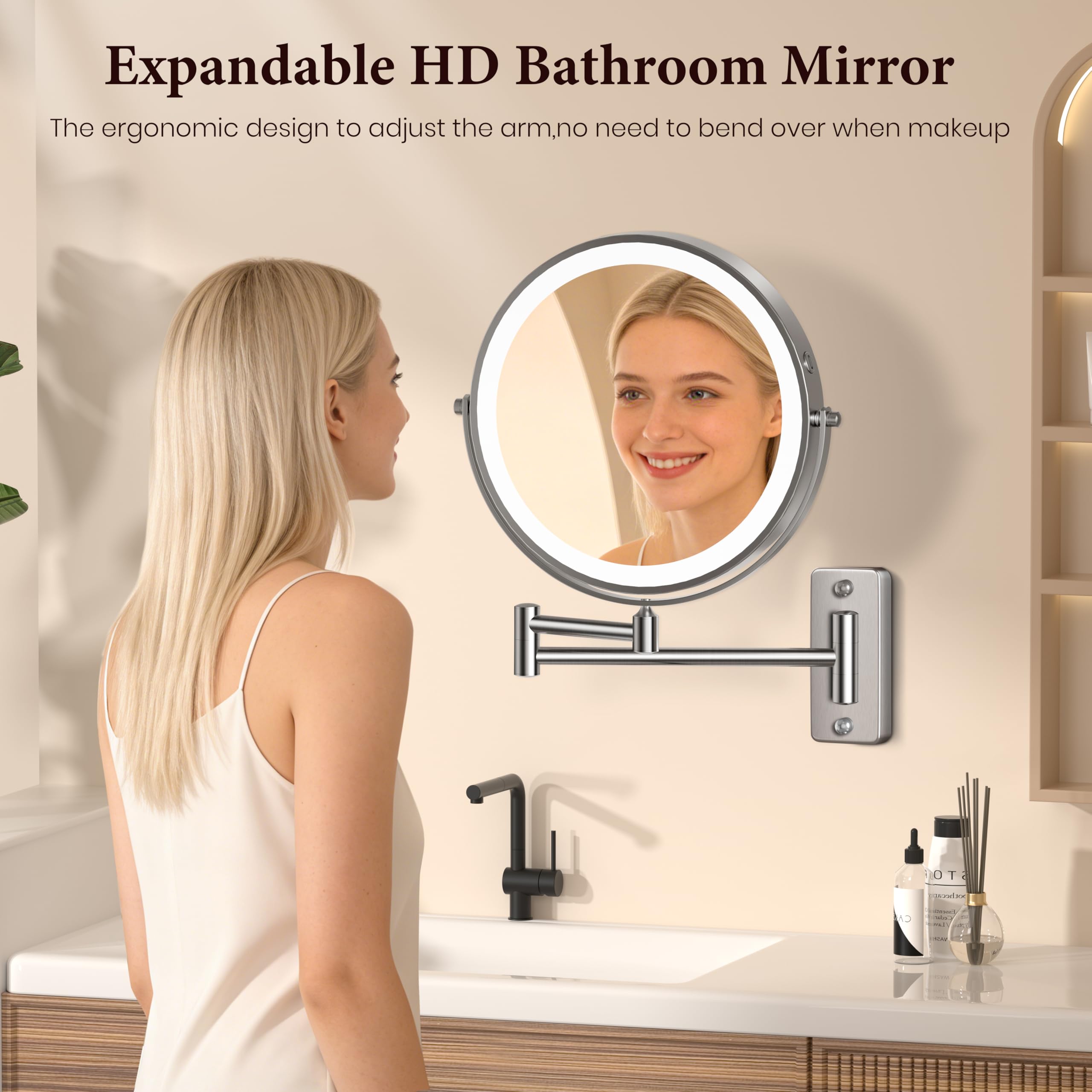 Vesaur 9-Inch Wall-Mounted Lighted Makeup Mirror, 1X/20X, 3-Color LED
