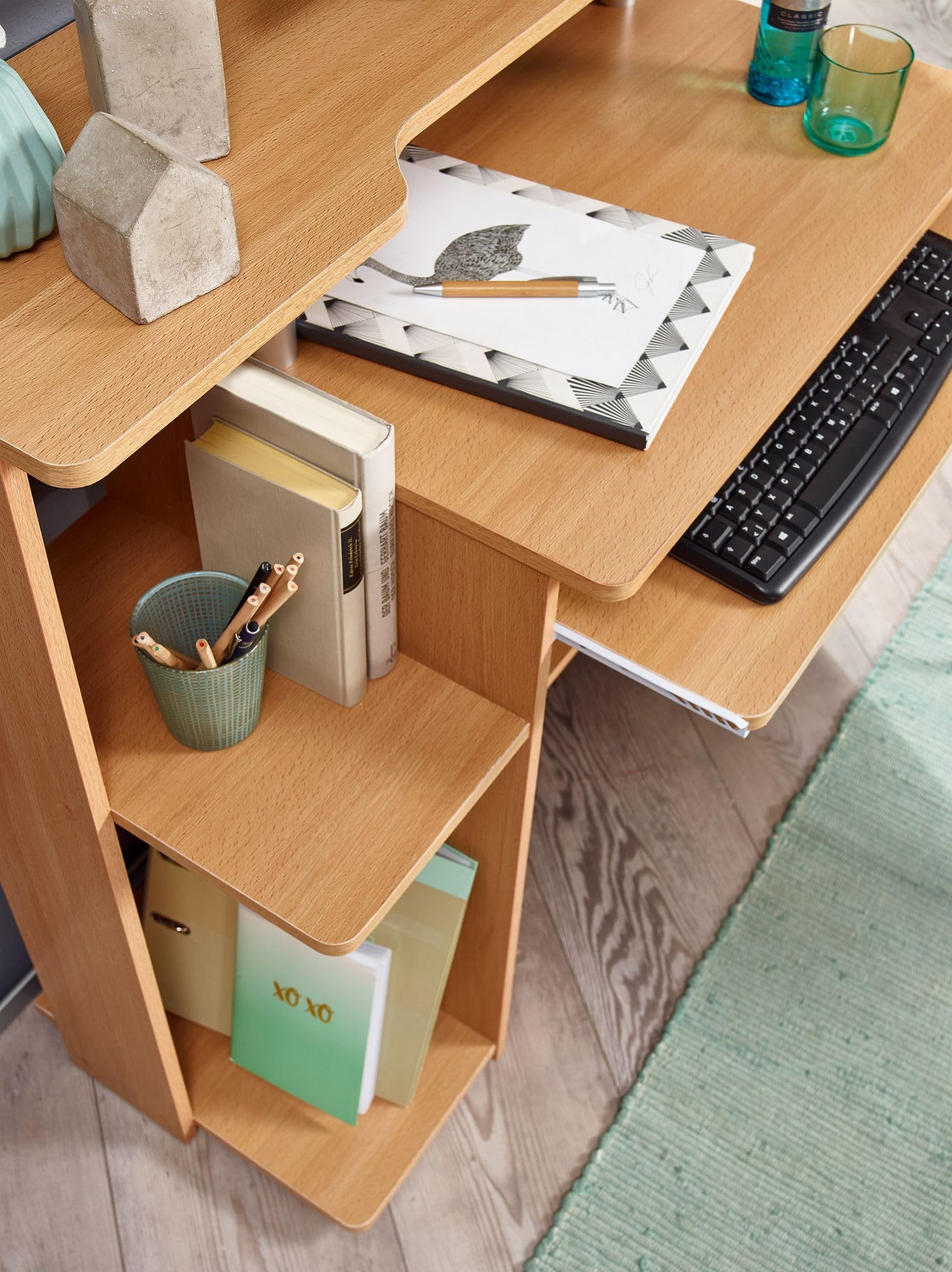 Wohnling Computertisch WL1.163 Buche 94x90,5x48,5 cm Laptop Tisch Modern mit Tastaturauszug, PC-Tisch mit Drucker-Ablage platzsparend, Schreibtisch für kleine Räume mit Ablage, Laptoptisch Klein