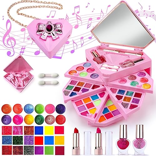 Kit de maquillaje infantil para niña, 47 piezas, cosméticos reales lavables con caja de música LED, juego de maquillaje seguro y no tóxico, para