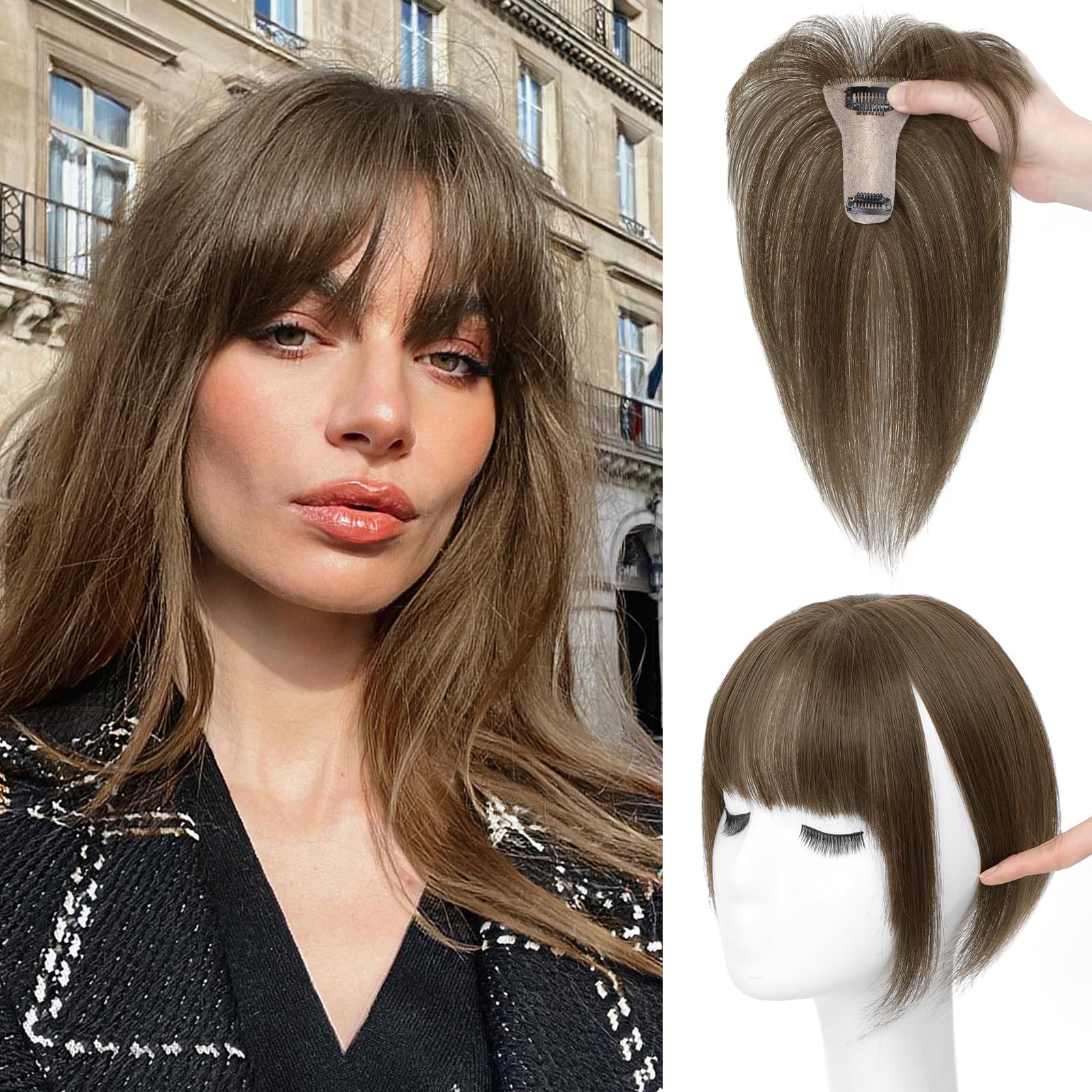 Human Hair Topper with Bangs 360° Lace Base Lightweight Hairpiece 10 Inch Glueless Real Human Hair Topper with Bangs, 3×4.5  main image 3