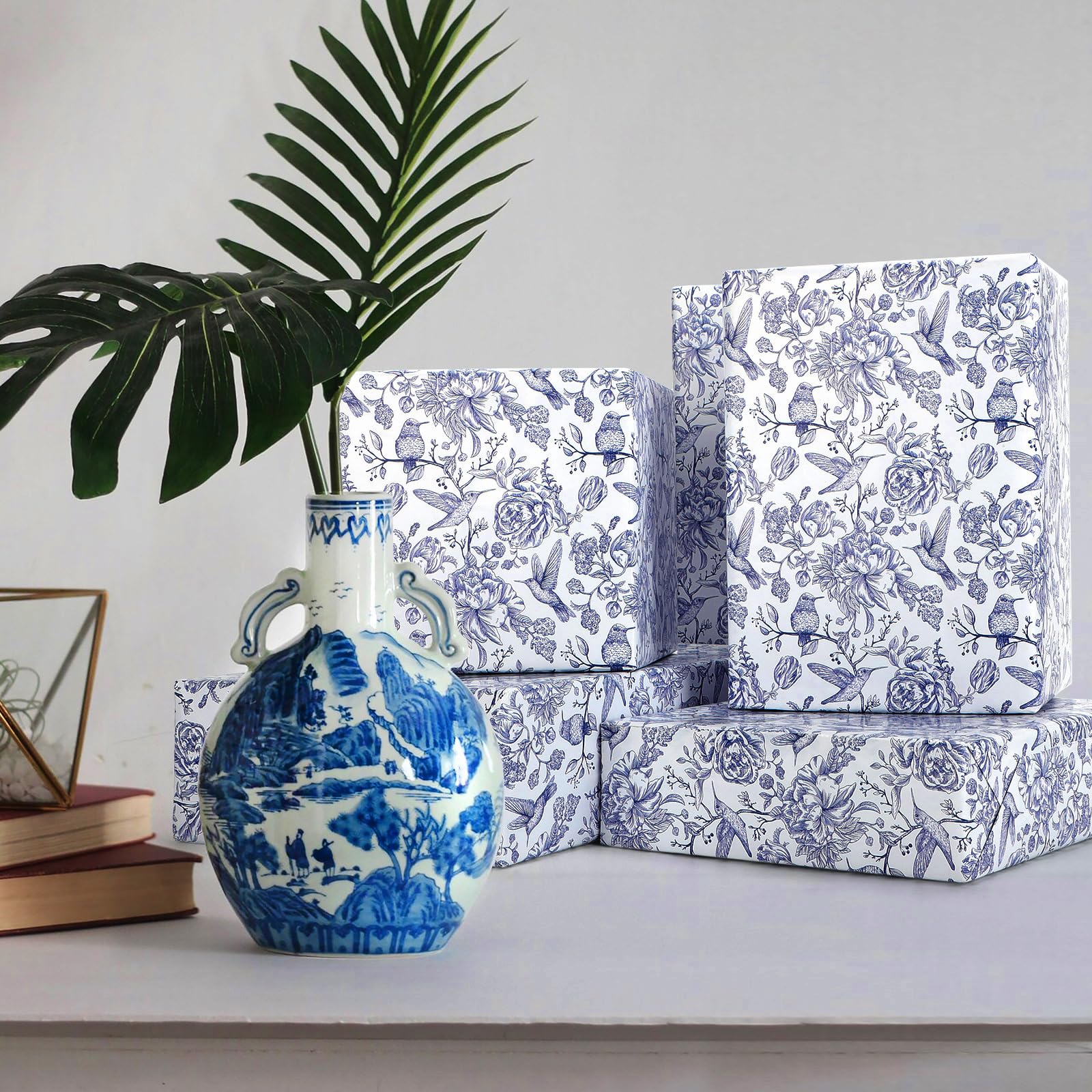 1 Roll Blue Floral Bird Wrapping Paper - 30in X 32.8ft, Vantege Style For Birthday, Wedding, Baby Shower