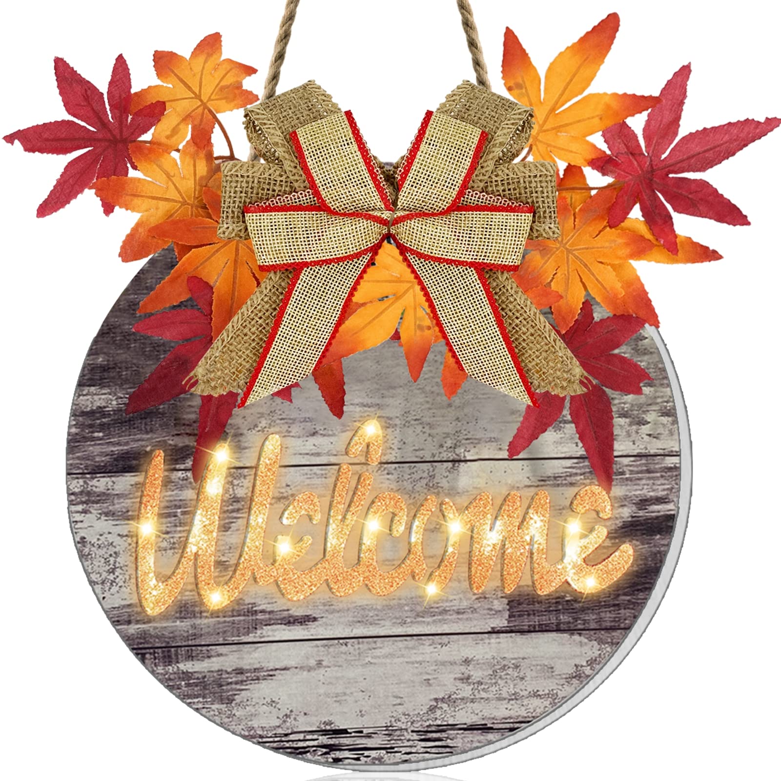 Photo 1 of ***SEE NOTES*** Lighted Thanksgiving Fall Wreath Welcome Sign for Front Door Decor with Timer Battery Powered Rustic Wood Hanging Sign Autumn Harvest Wall Fall Door Decorations Home Outdoor Indoor
