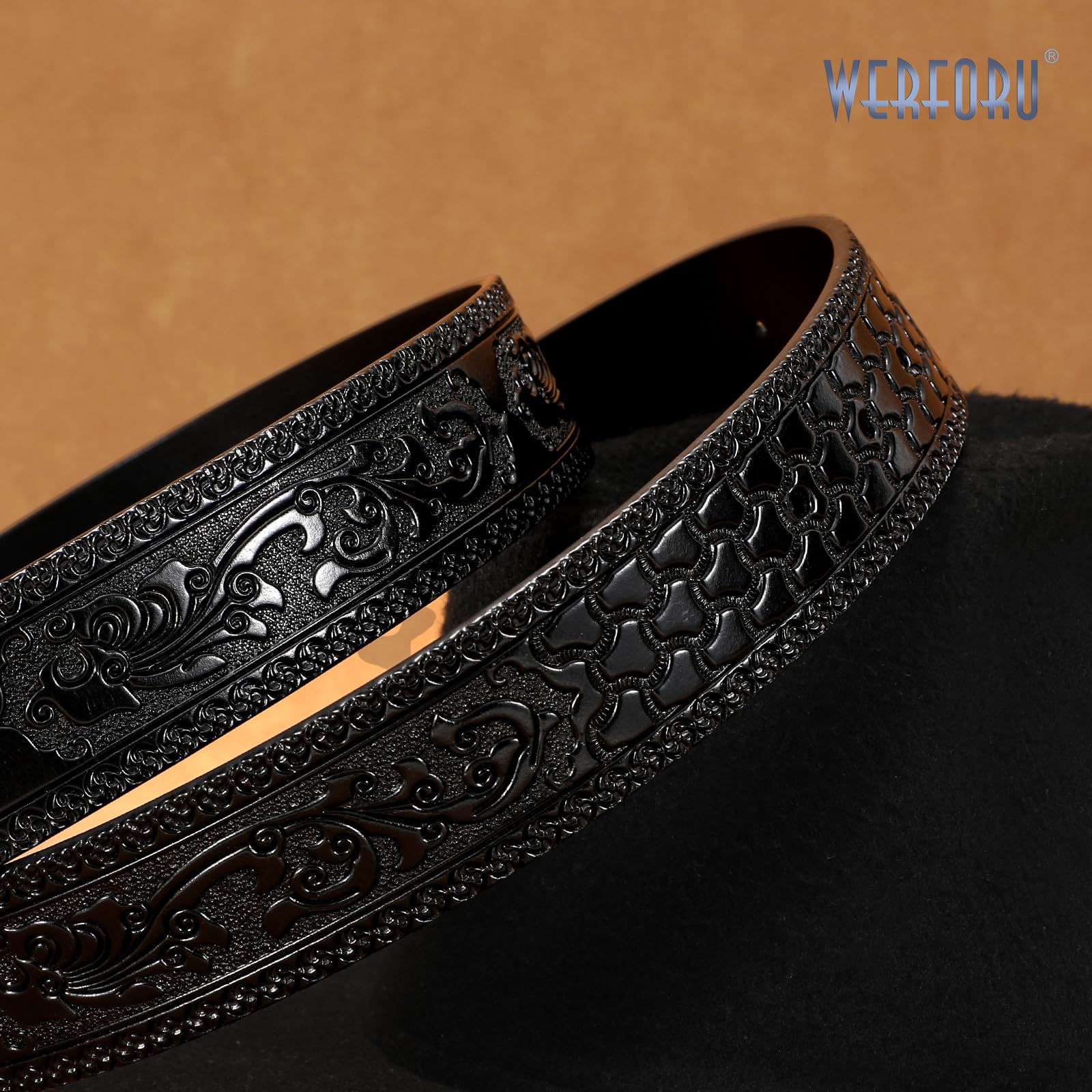 WERFORU Ceinture Cowboy en Cuir pour Hommes - Ceinture Western Homme Avec Boucle Taureau et Gravure Florale pour Jeans