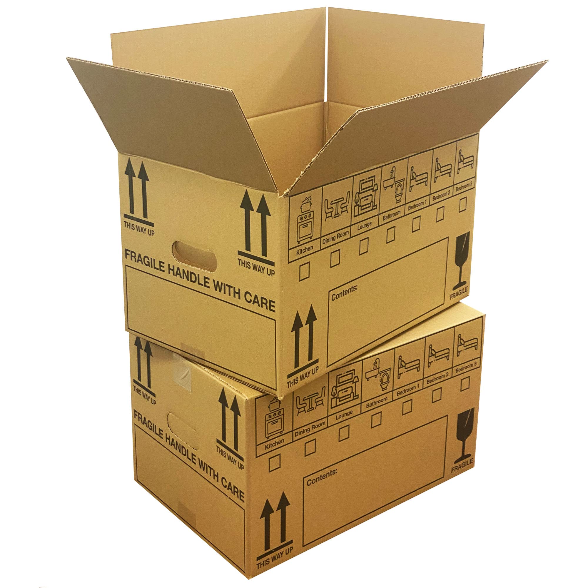 30 Strong Large Cardboard Storage Packing Moving House Boxes with Room List & Carry Handles 47cm x 32cm x 26cm