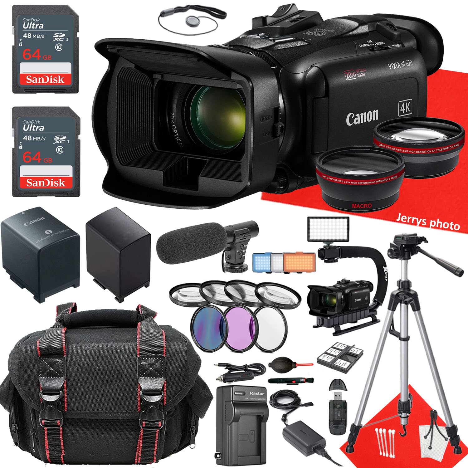 Canon Vixia HF G70 UHD 4K Camcorder + 2PC 64 GB Memory + Extra Battery + Filters + Shotgun Video Microphone + U-Grip Handle + More (29pc Bundle), Black (Renewed)