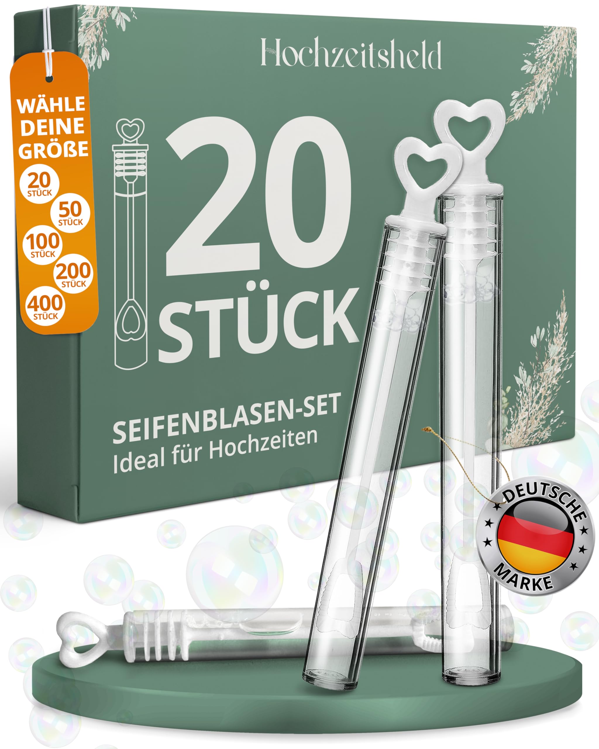 HOCHZEITSHELD Hochzeit Seifenblasen 20 Stück - Perfekte Mini-Seifenblasen als für den Brautempfang - Fleckenfreie Luftblasen Hochzeit auch als Gastgeschenk mit elastischen weißem Herz-Griff