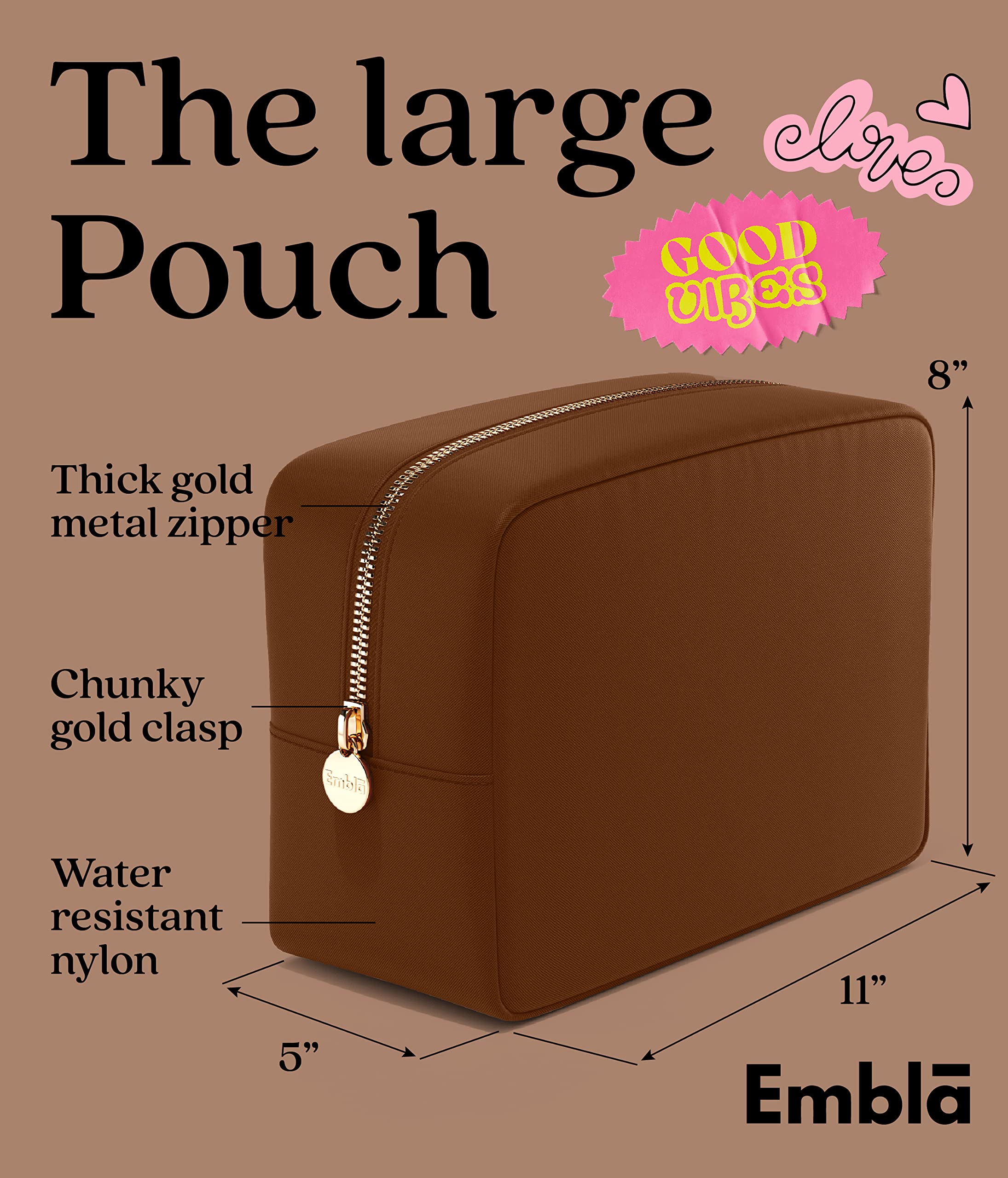 Embla - Bolsa de maquillaje grande y neceser de viaje de nailon impermeable, estuche de cosméticos de gran capacidad con cremallera, marrón oscuro