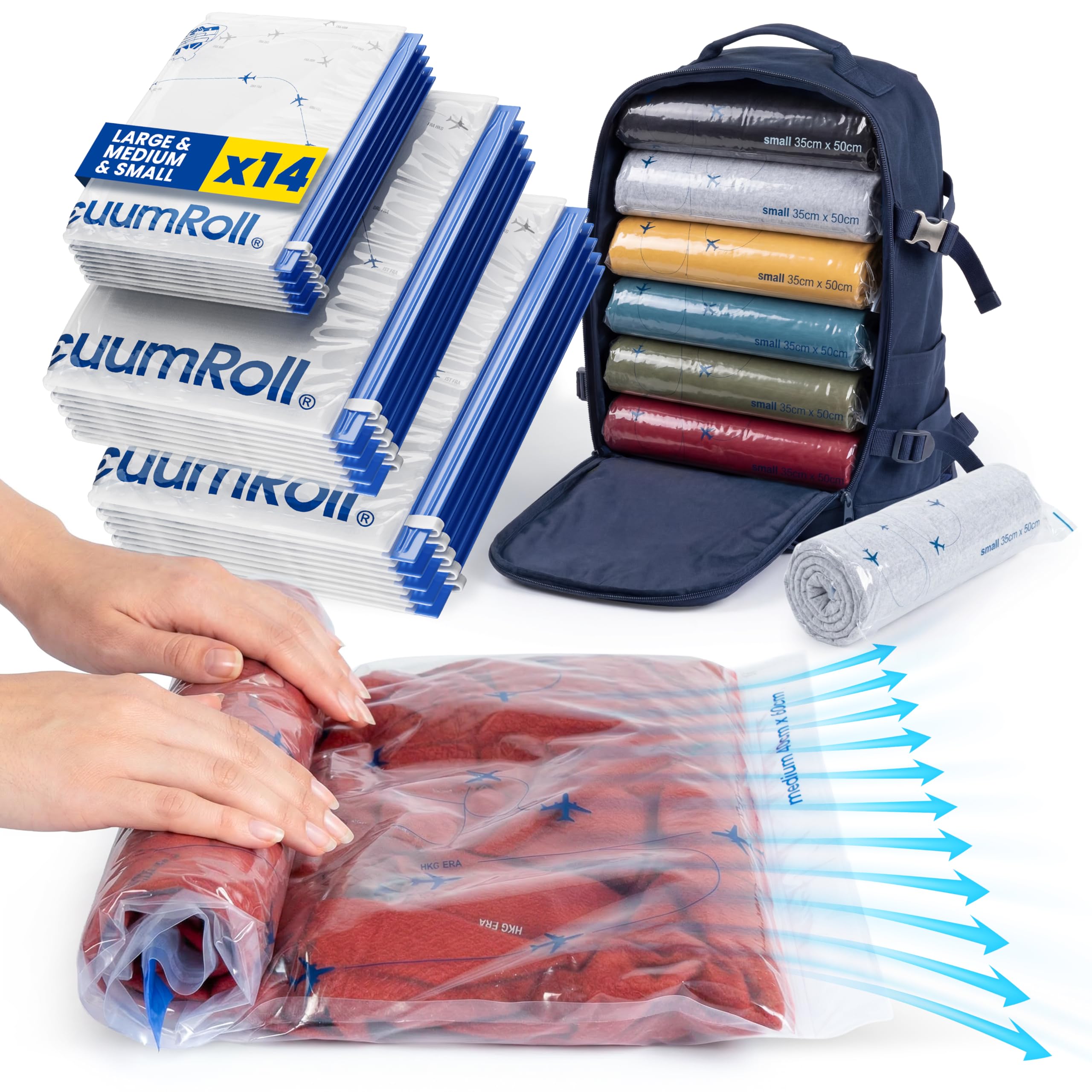 Bolsas de Compresión Salvaspacio myHodo, 14 Piezas (4 Grandes, 5 Medianas, 5 Pequeñas) Fáciles de Usar (No se necesita Bomba) Ideales para Ropa y Textiles en Viajes, Perfectas para Maleta y Mochila