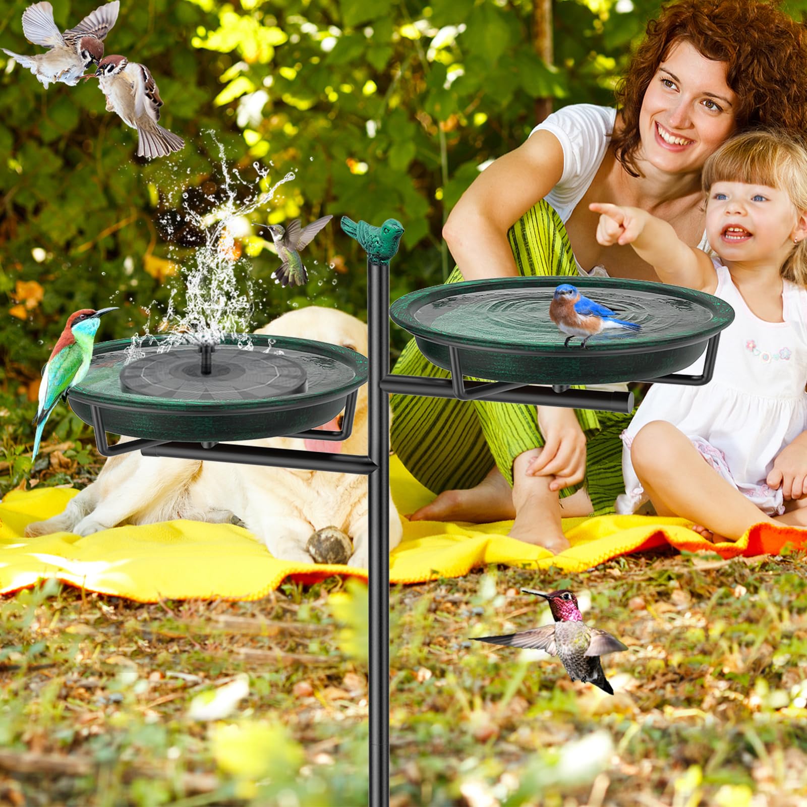 Vogeltränke Vogelbad Schale Stehend, 2-in-1 Vogelbad für Draußen Garten mit Doppelbecken für Wasser und Futter, Metall Vögel Vogelbecken für Gartendeko (Altgrün)