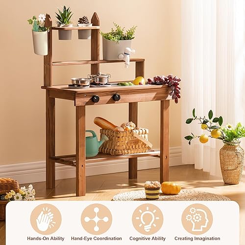 Miniatura 6 de ROBOTIME Cocina de barro para niños al aire libre, cocina de madera al aire libre con fregadero, grifo, estufa y accesorios de cocina, divertido
