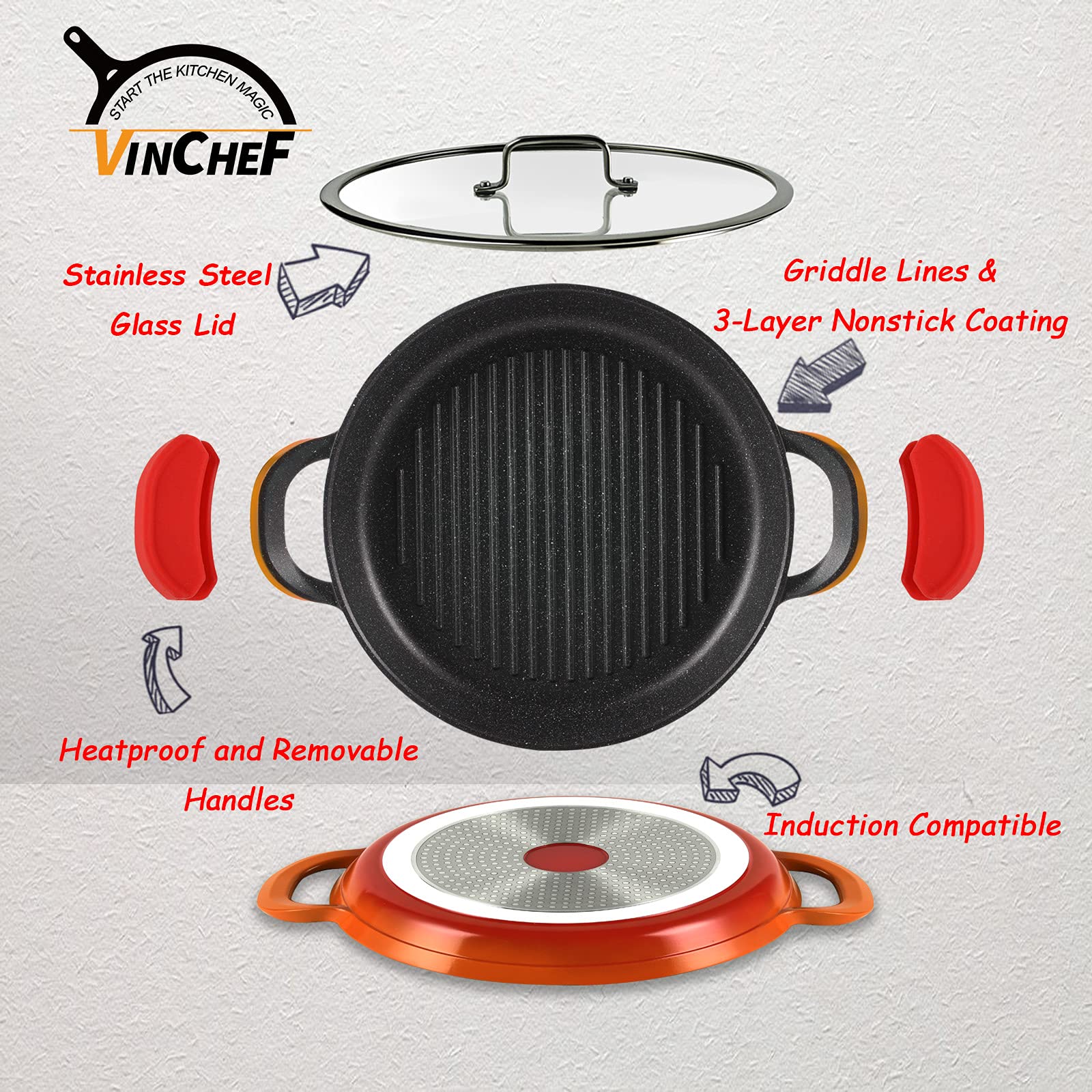 Vinchef 13" Nonstick Grill Pan With Lid – Cast Aluminum, Induction Compatible, Dishwasher Safe