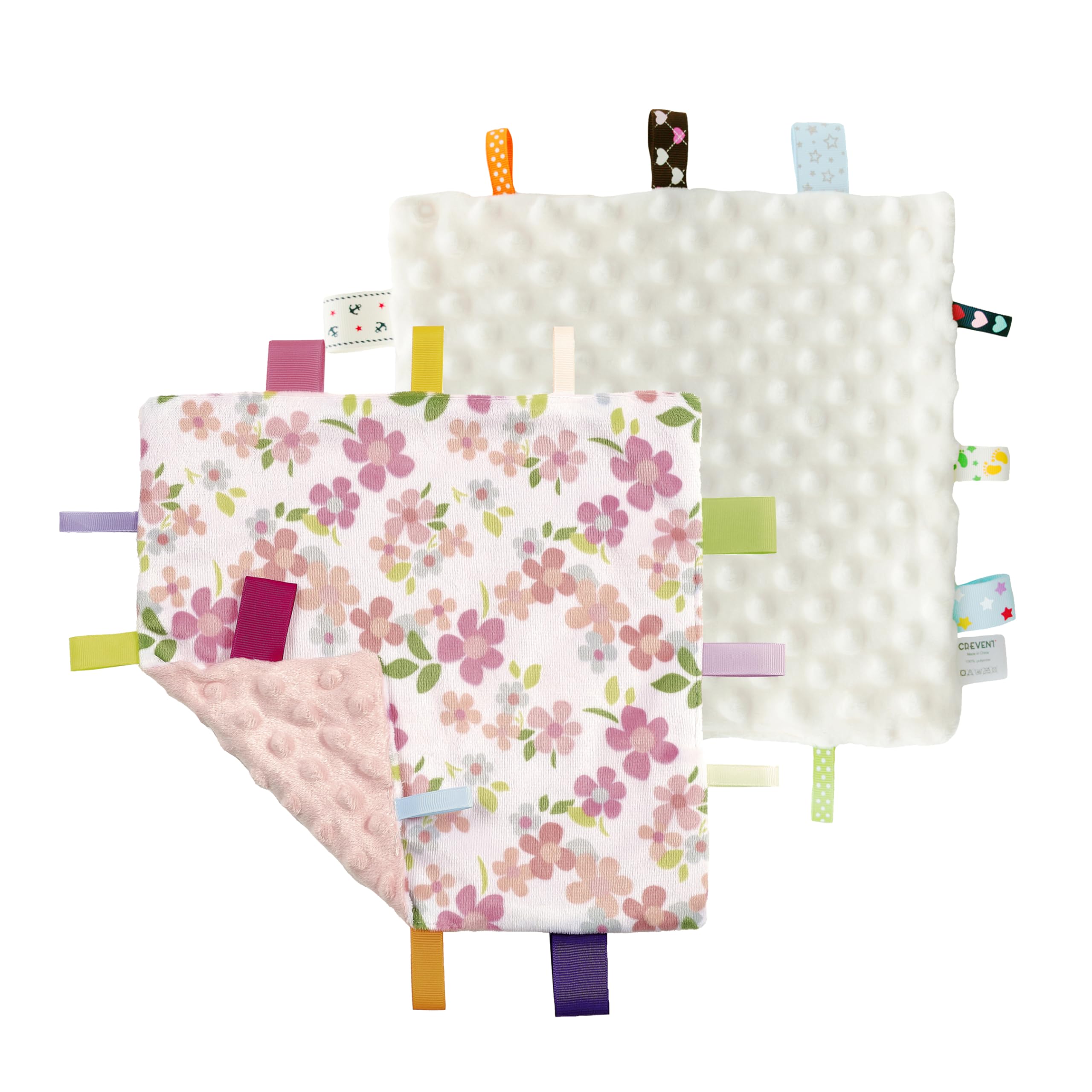 CREVENT Tag Sicherheit Decken für Babys, weiche kleine Loveys für Mädchen, Baby Tröster sensorische Decke, große Geschenke für Geburtstag Baby Dusche 24X24cm (Wildflow + Ivory)