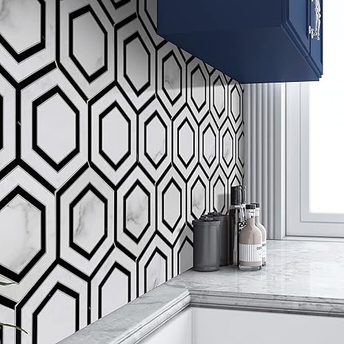 Miniatura 4 de sunwings 6 azulejos hexagonales autoadhesivos de chorro de agua para salpicaduras de chorro de agua, paneles de pared de mármol blanco que se