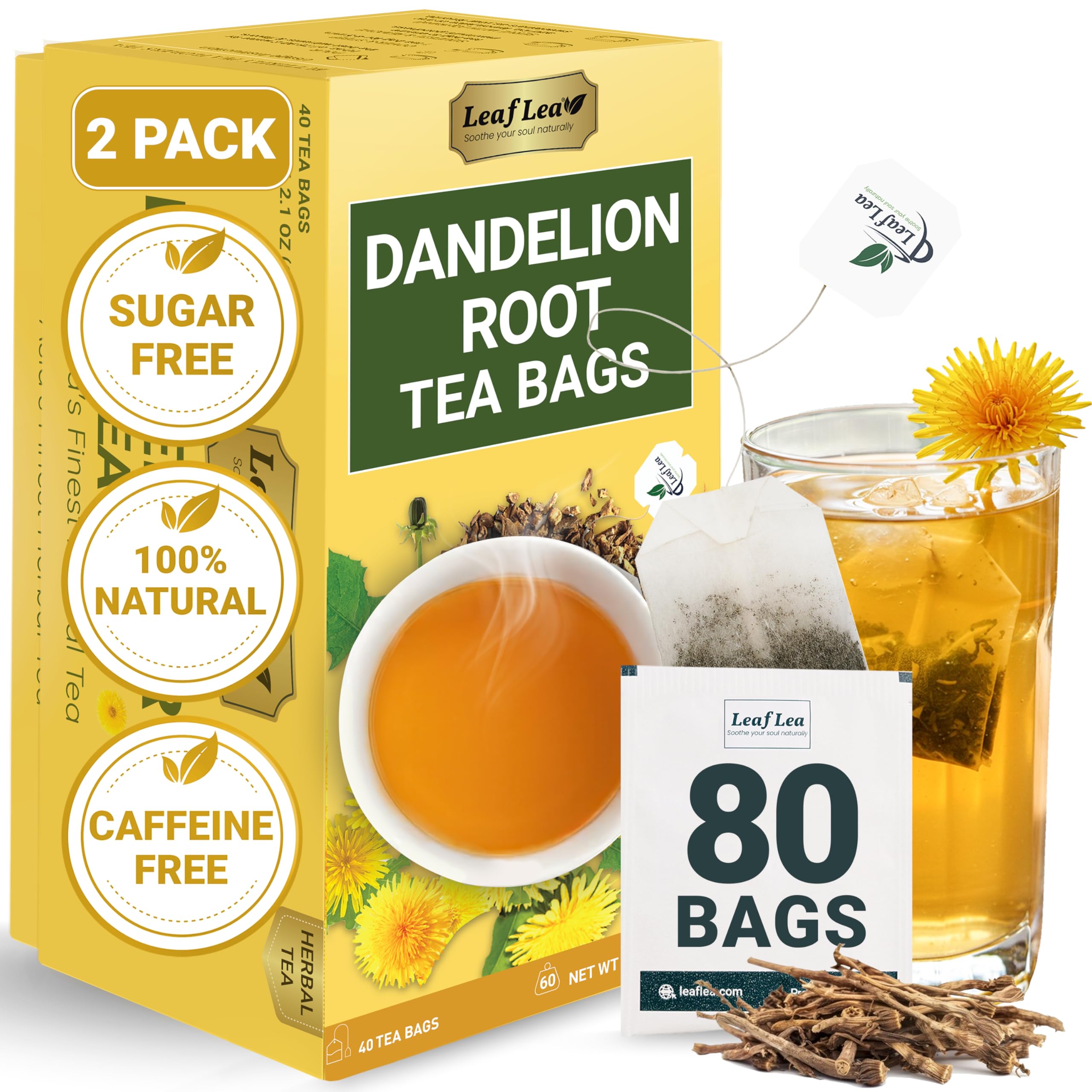 LeafLea 80 Dandelion Tea Bags, All Natural Dandelion Root Tea, Supports Digestion & Immune Health, Caffeine-Free, Vegan, No Sugar, Individually Wrapped Tea Bags, 2 Pack Dandelion Root Tea 40 Count (Pack of 2)