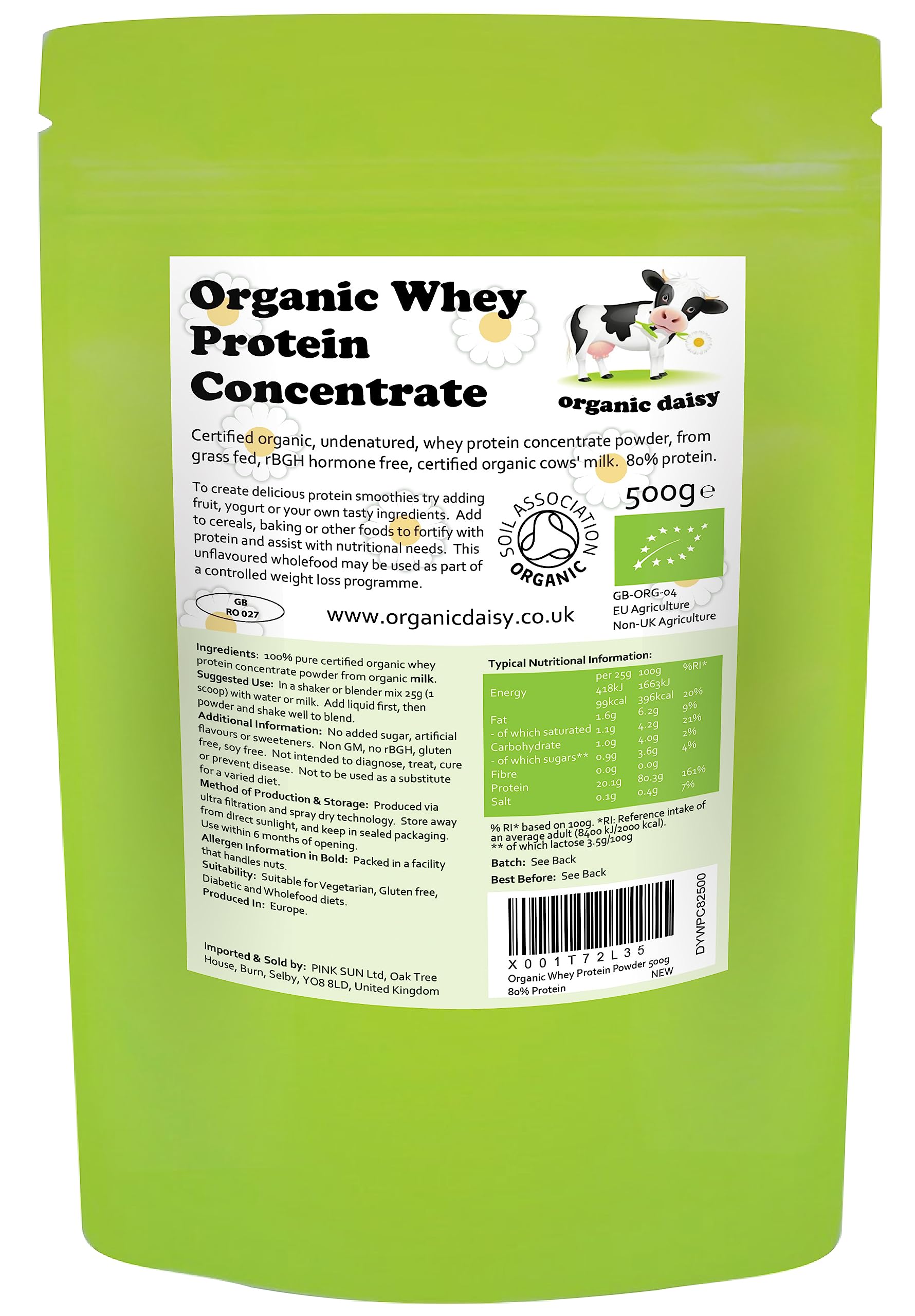 Organic Whey Protein Powder 500g Pure Unflavoured Concentrate Grass Fed SOYA Free Gluten Free Low Carb Vegetarian
