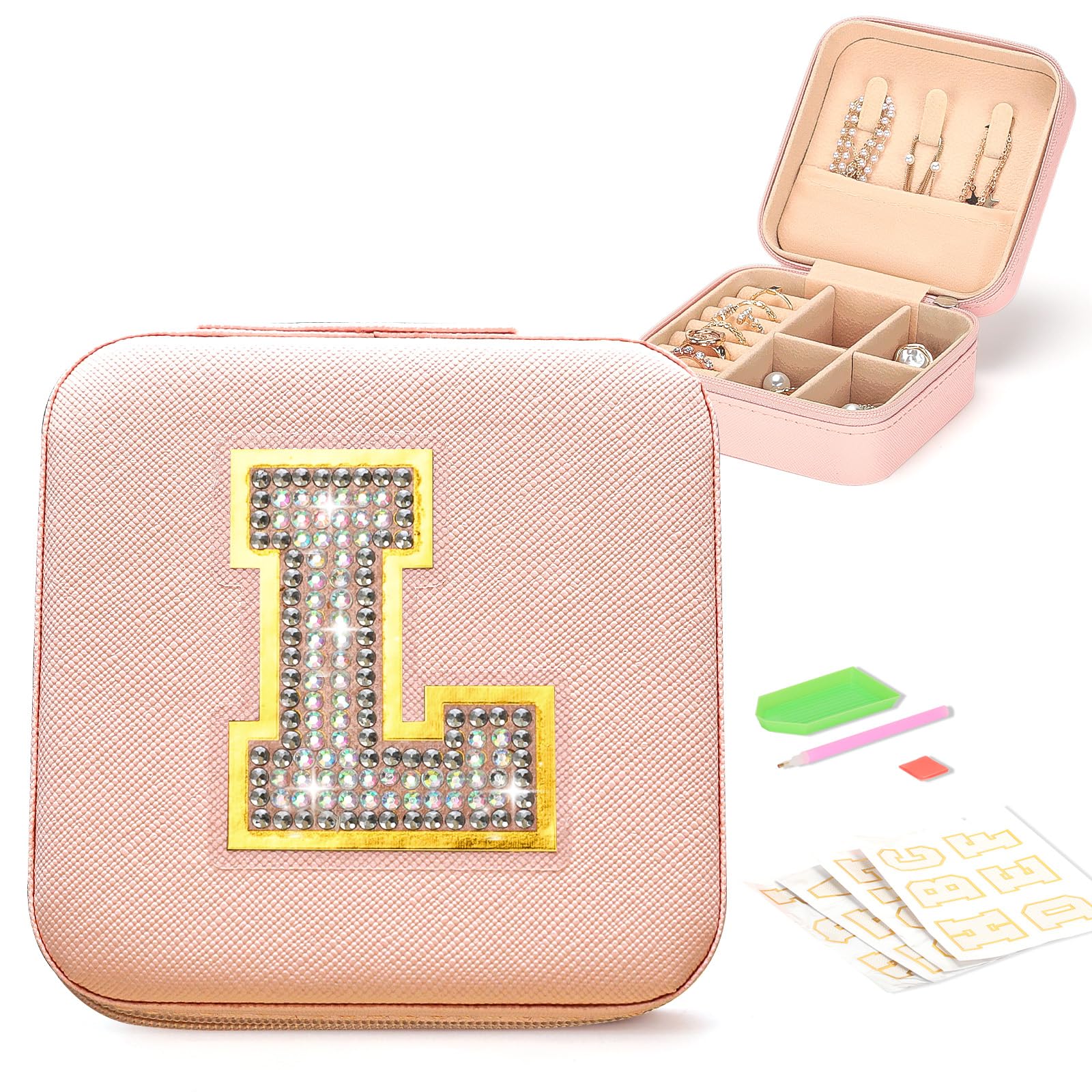 VINATO Portagioielli Personalizzabile con Lettere Diamantate 10x10x5 cm DIY Scatola Porta Gioielli da Viaggio in Pelle PU Rosa
