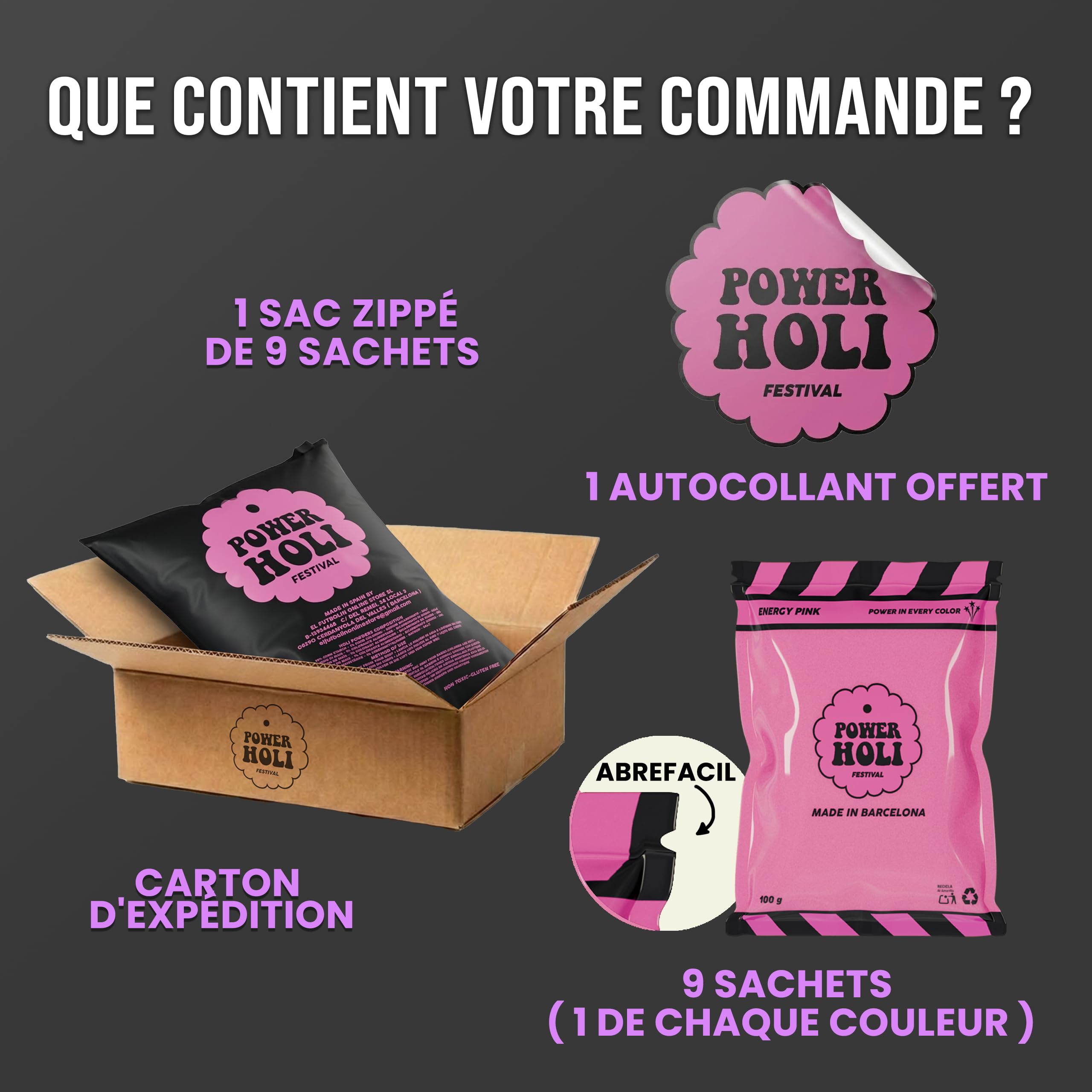POWER HOLI FESTIVAL-Poudre de Couleurs Holi Party | 9 Sachets Ouverture Facile de 100g | 9 Couleurs | Spécial Fêtes et Festivals | Photographie | Non Toxique | Sans Gluten | Fabriqué à Barcelone