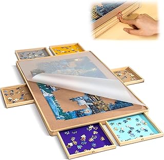 Becko US Handleless Design! Portable Wooden Jigsaw Puzzle Board with 6 Press Open/Close Colorful Non-Handle Drawers, Transparent Cover & Premium Smooth Flannel Tabletop for 1500 Piece Jigsaw Puzzles