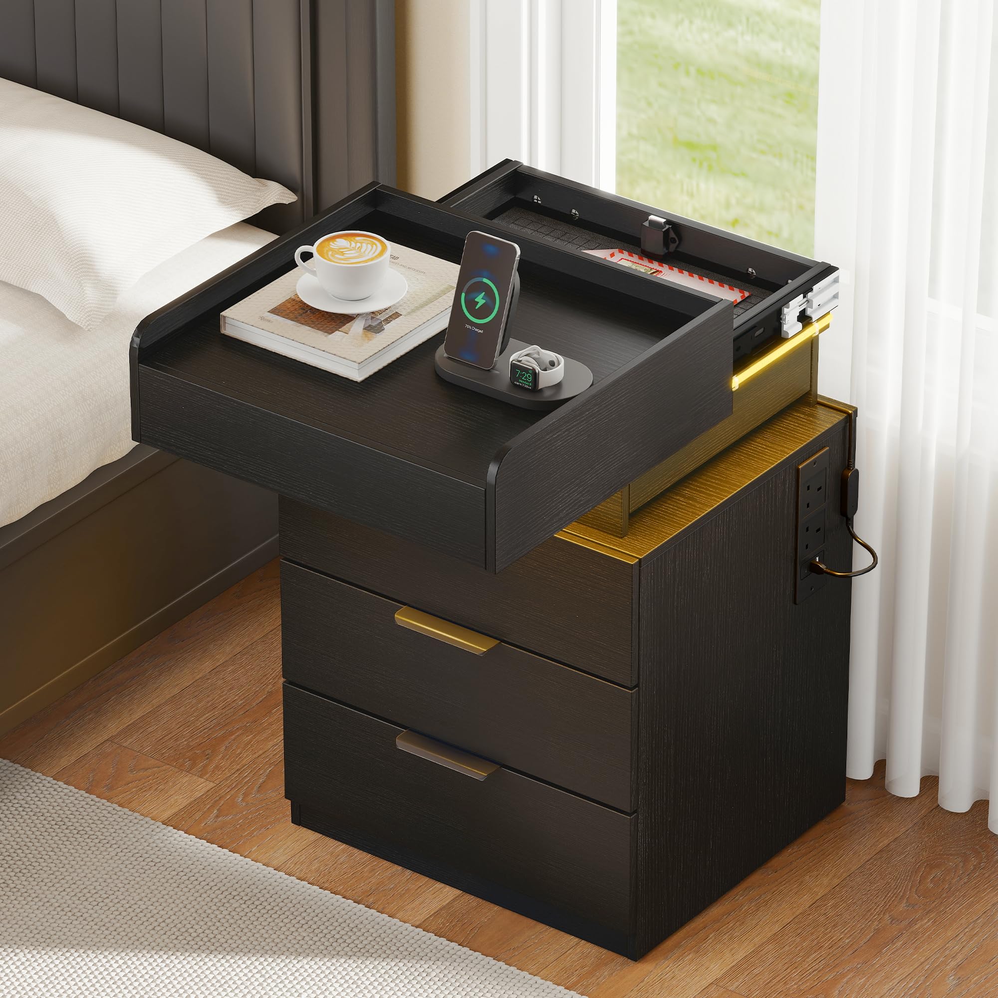 Quikraen Black Bedside Table with Charging Station, LED and Hidden Drawer