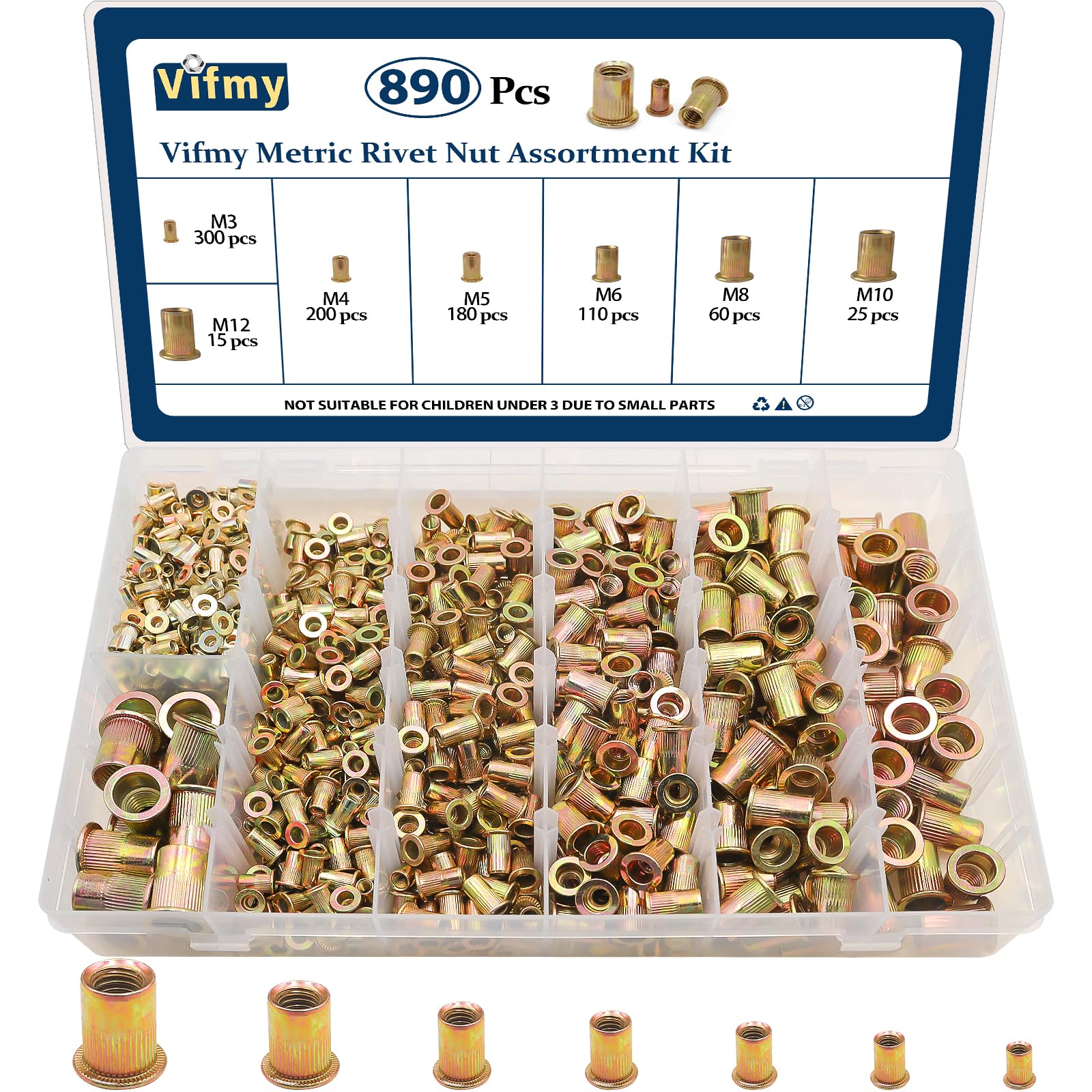 Vifmy Metric Rivet Nut Assortment Kit(890 Pcs), M3 M4 M5 M6 M8 M10 M12 Flat Head Rivnut Set, Zinc Plated Finish Carbon Steel Nutsert