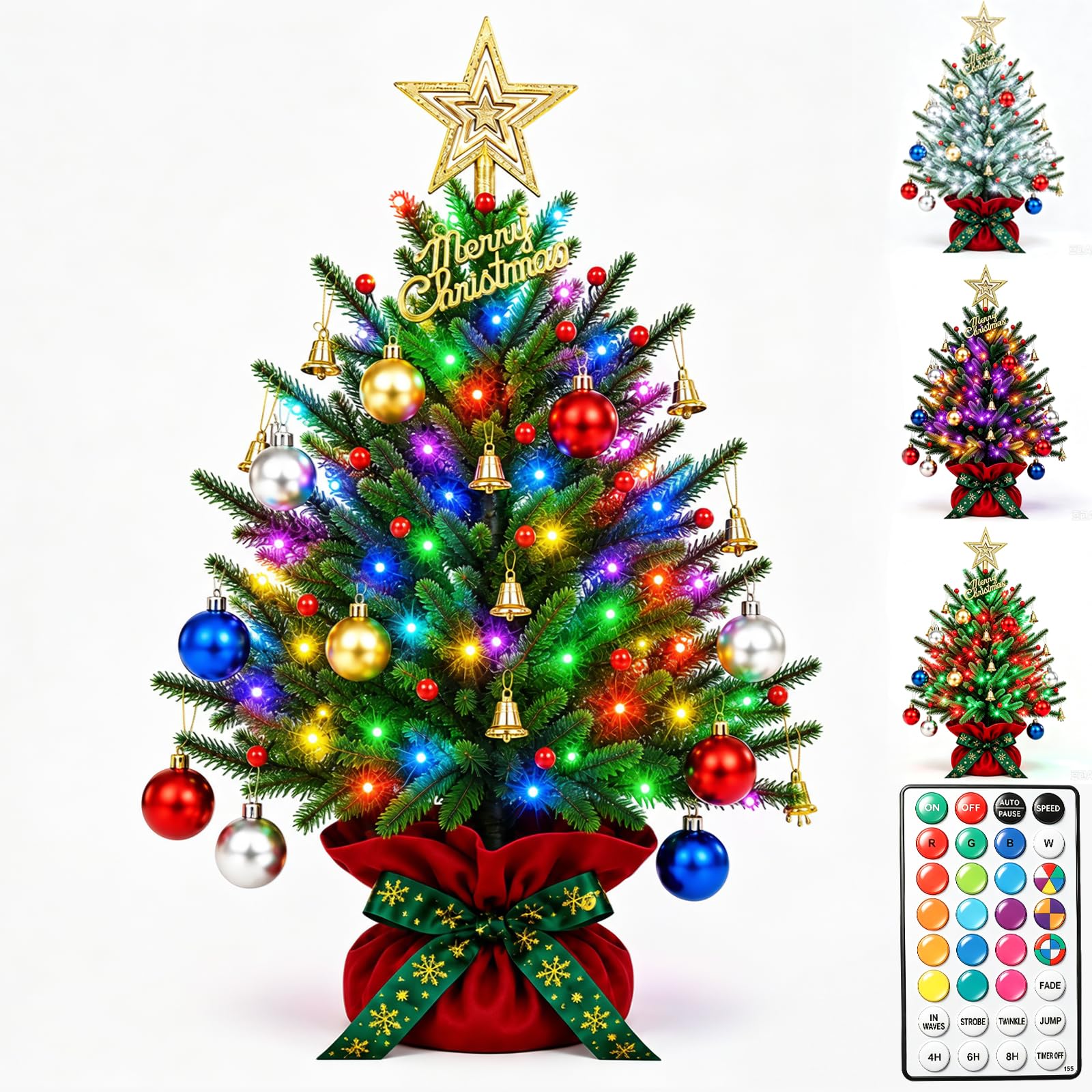 Pooqla RGB Lighted Mini Christmas Tree, Color Changing Tabletop LED Xmas Tree with Remote, 28 Colors 80 LED Pre-lit Artificial Small Tree with Hanging Ball Ornaments Home Party Christmas Decoration
