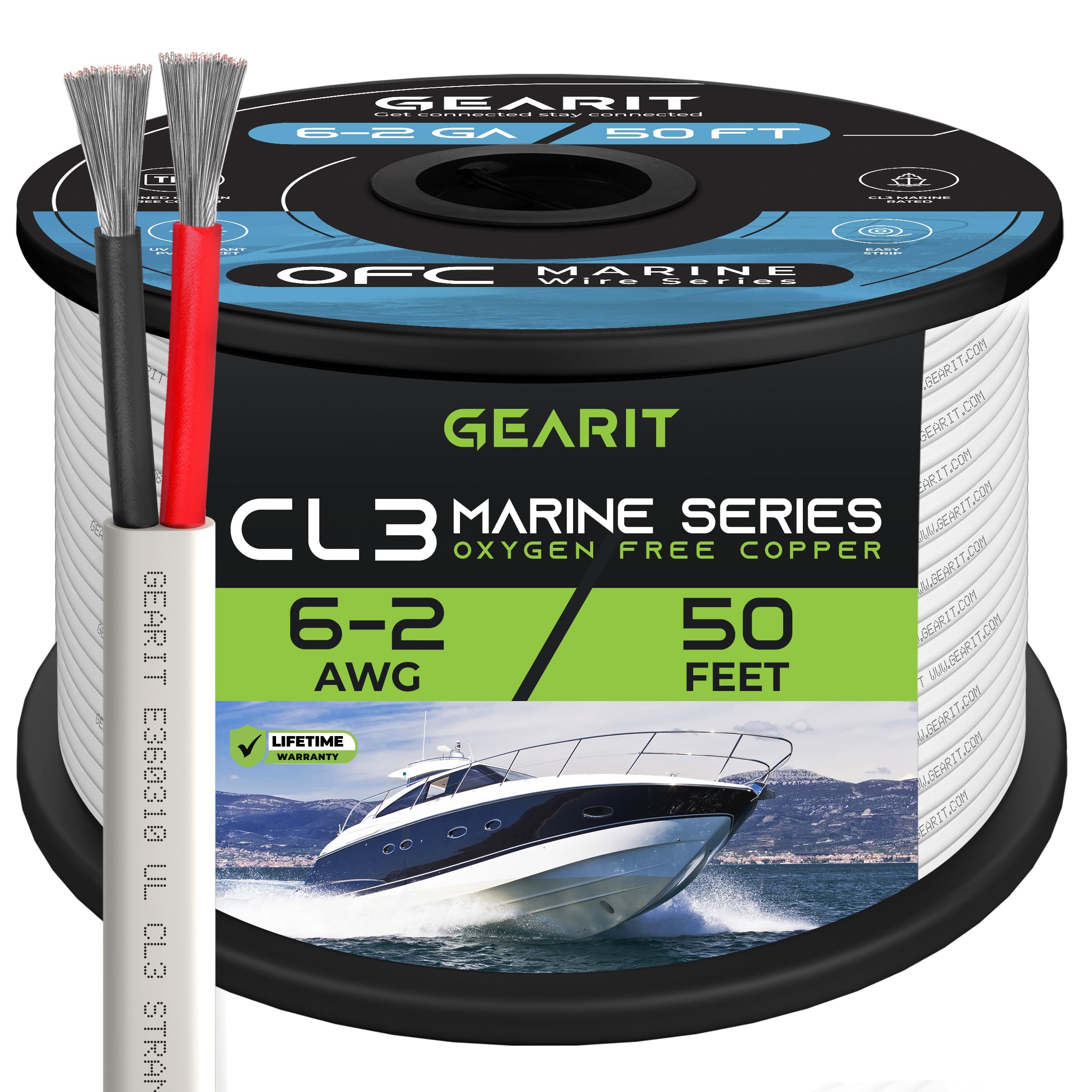 GEARit 6 Gauge Marine Wire (50ft) 6/2 AWG Duplex 2-Conductor Cable, Tinned Oxygen-Free Copper OFC - Boat/Marine/Automotive/RV/Camper/Trailer/Solar/Outdoor - White 50 Feet