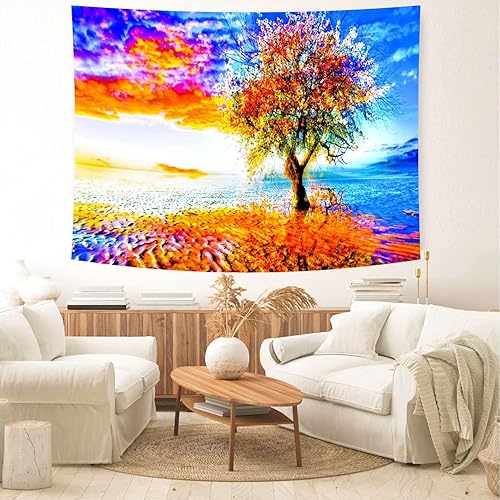 Miniatura 5 de Delur Tapiz para colgar en la pared, diseño de árbol, puesta de sol, playa, bosque, paisaje natural, tapiz de árbol de la vida, tapiz psicodélico