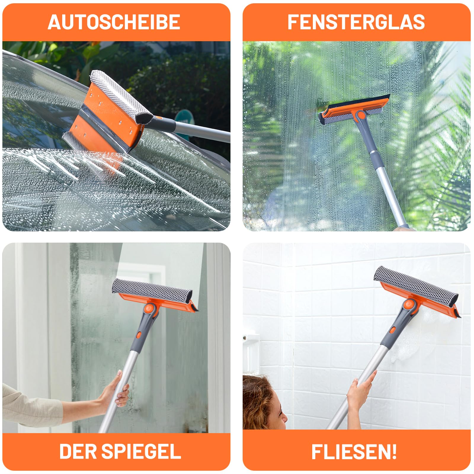 Eazer Fensterputzer & Fensterabzieher,2-in-1 drehbares Kombi-Set mit Teleskopstange (51-77 cm) für Fenster, Dusche und Auto-Windschutzscheibe
