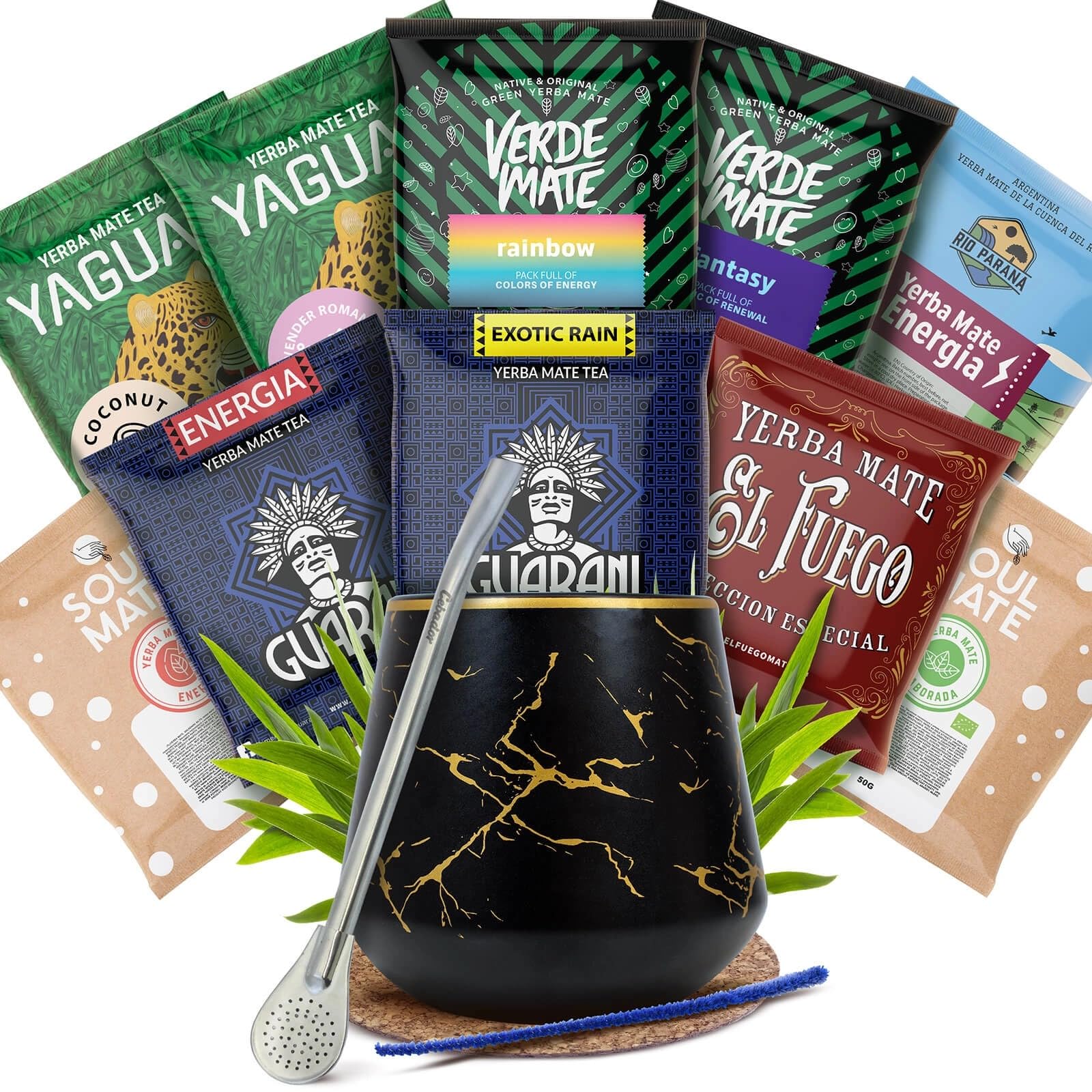 Yerba Mate Nocturne Geschenkset – Komplettset mit Zubehör und 10 x 50 g Proben