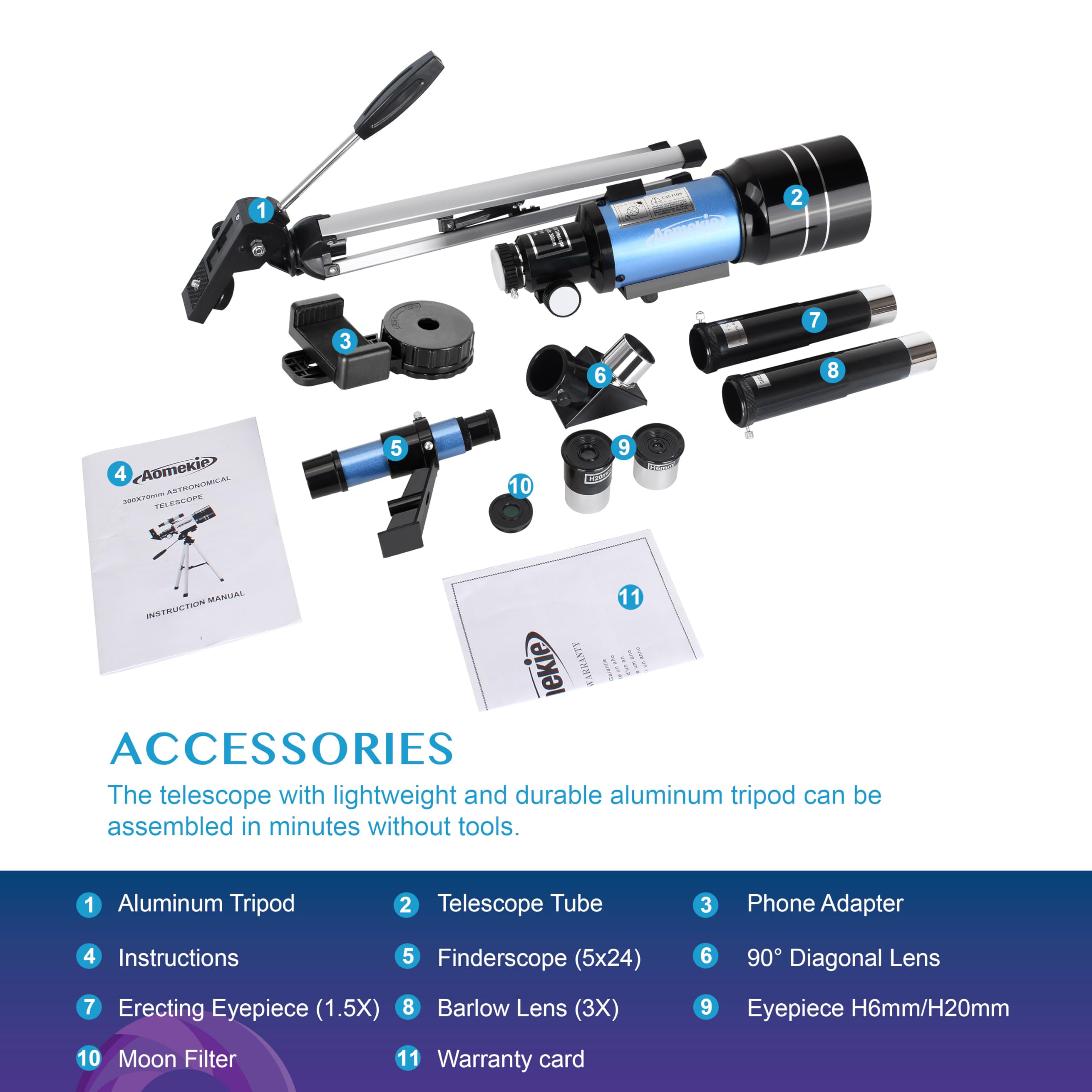 Aomekie 30070 Télescope Enfant 150X Lunette Astronomique avec Adaptateur Smartphone Trépied Lentille Barlow Chercheur